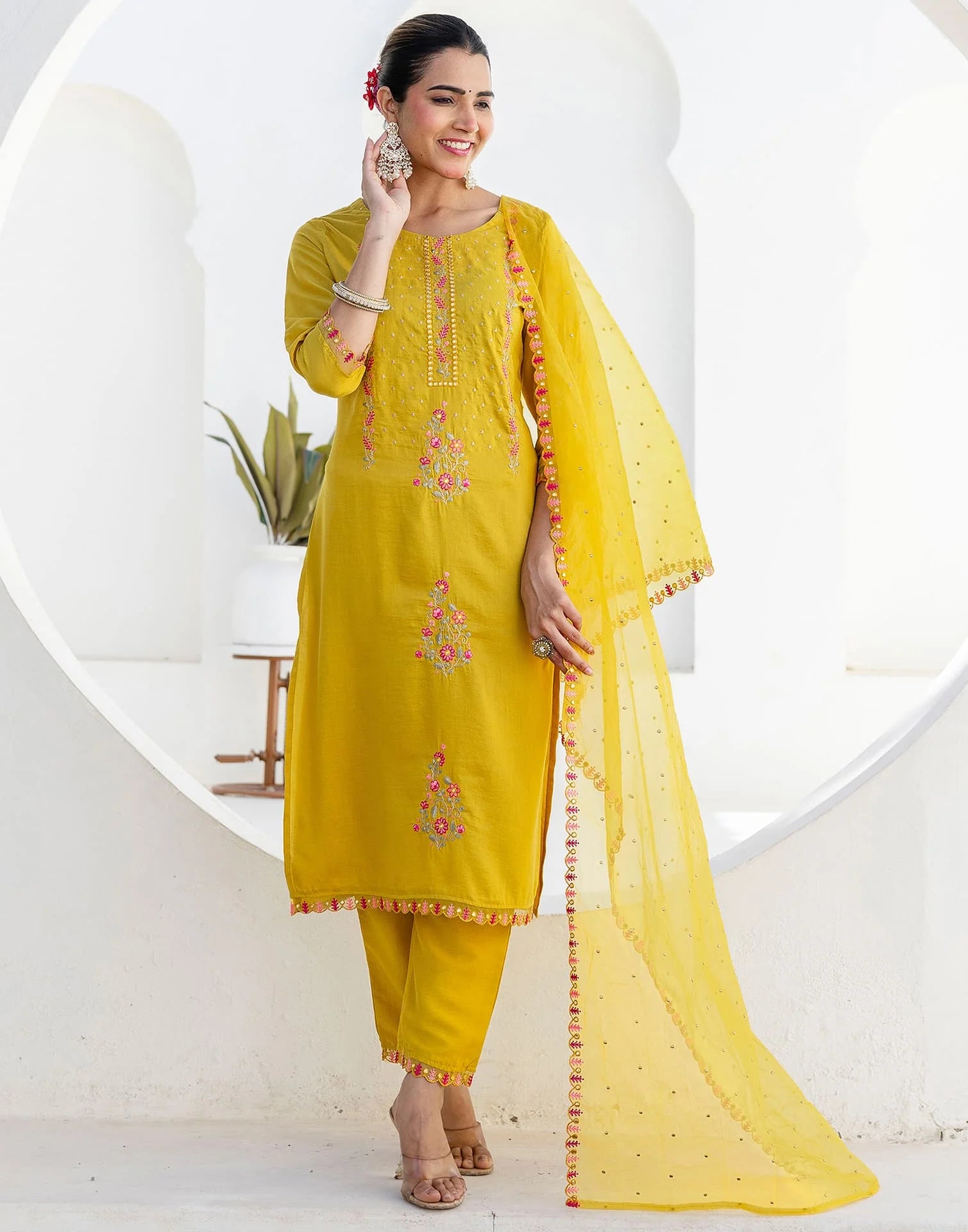 Yellow Silk Blend Embroidery and Mirror Work Straight Kurta Set for Women with Pant & Dupatta