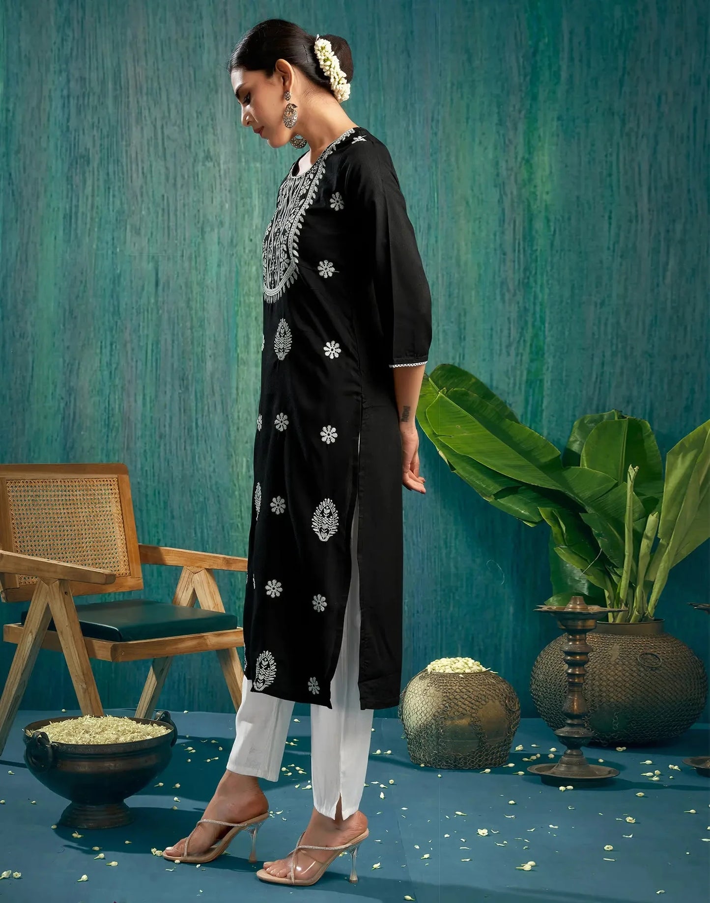 Cotton Blend Chikankari Straight Round Neck Kurtis