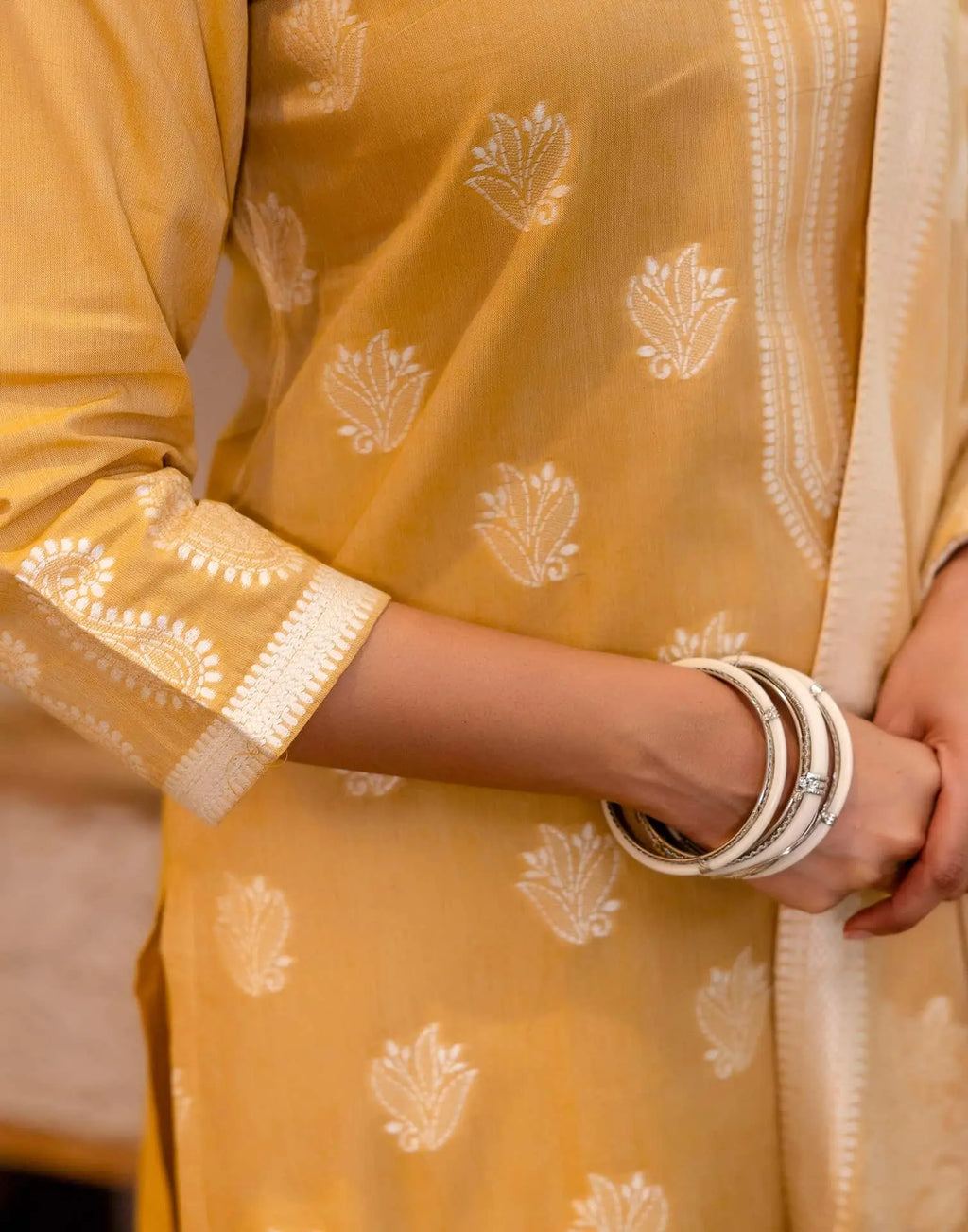 Yellow Cotton Woven Straight Kurta Set with Pant & Dupatta under 1250