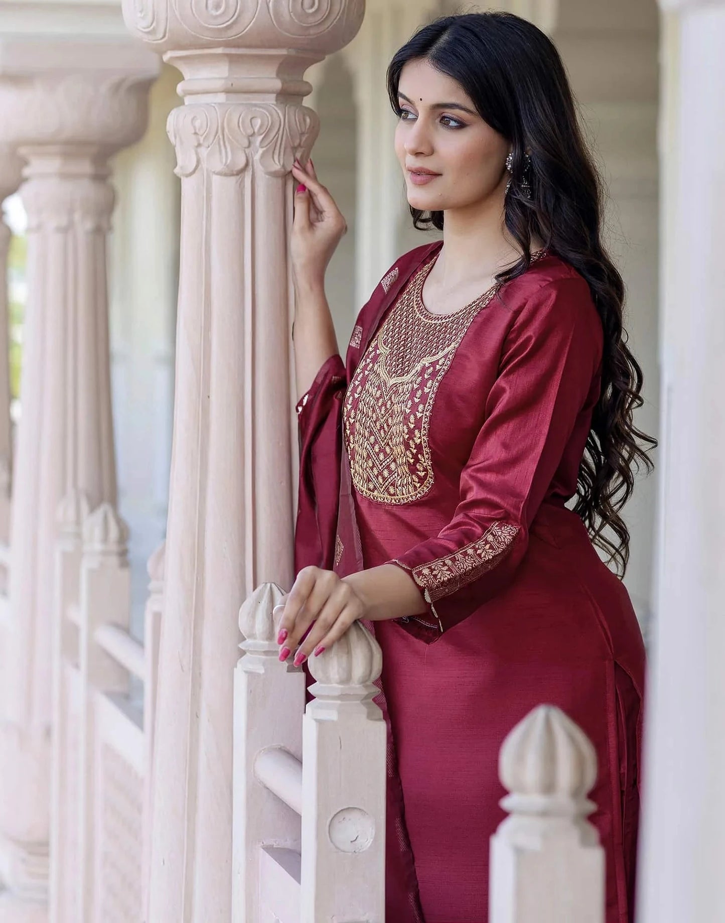 Maroon Silk Embroidered Straight Kurta with Pant & Dupatta for Women