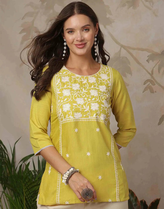 Cotton Blend Chikankari Straight Round Neck Short Kurti