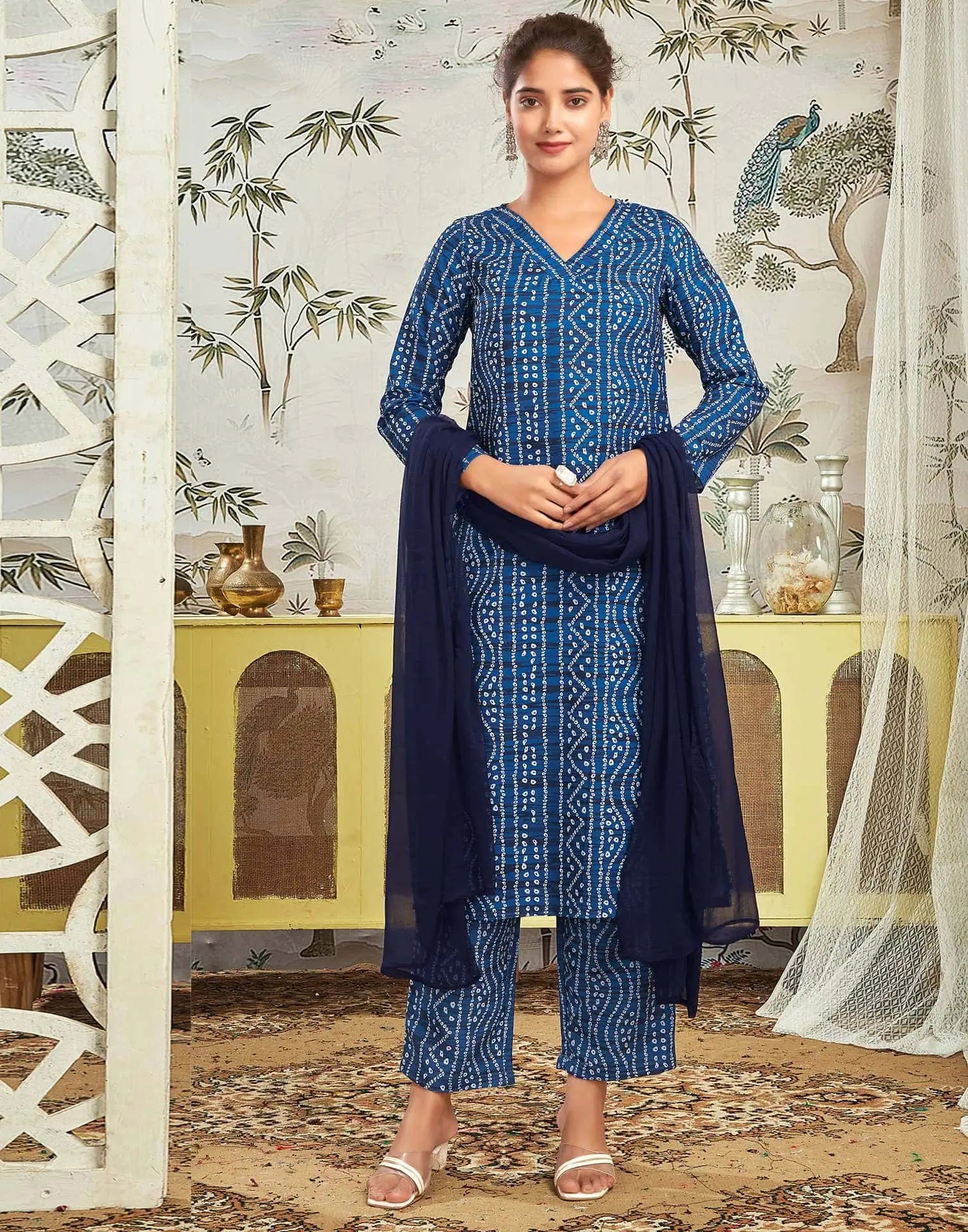 Affordable Dark Blue Bandhani Printed Rayon Kurta set with dupatta 