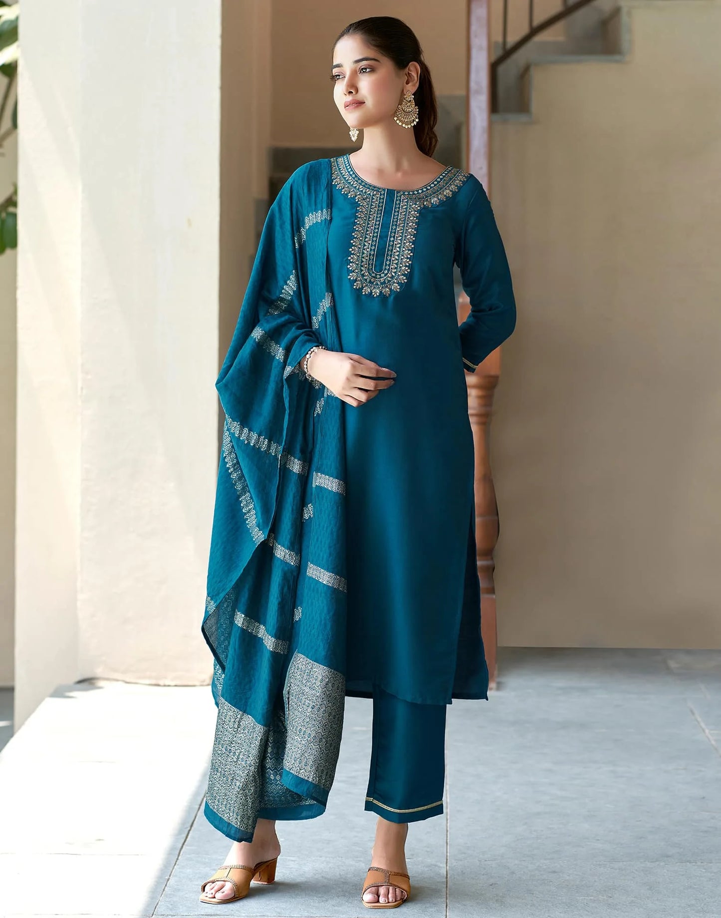 Cotton Blend Embroidery and Lace Straight Kurta with Pant & Dupatta