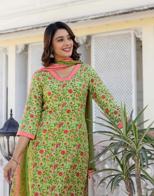Cotton Blend Floral Printed and Lace Straight Kurta with Pant & Dupatta