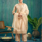 Skylee Beige silk sequence embroidered round neck kurta set with pant and dupatta