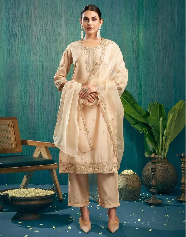 Skylee Beige silk sequence embroidered round neck kurta set with pant and dupatta