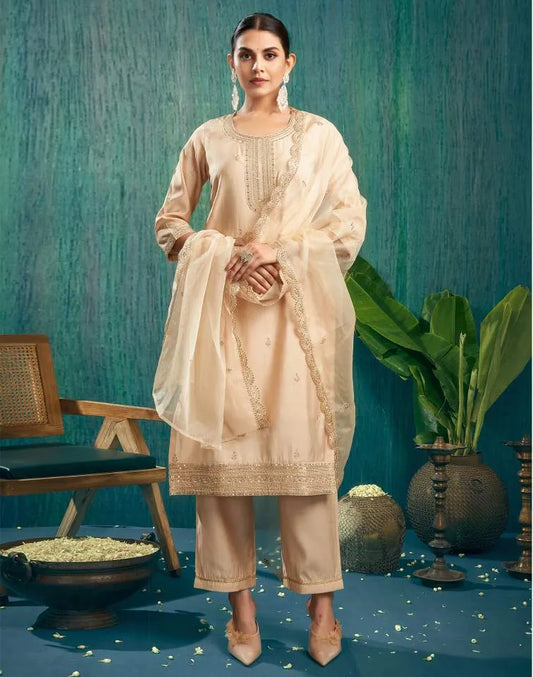 Skylee Beige silk sequence embroidered round neck kurta set with pant and dupatta