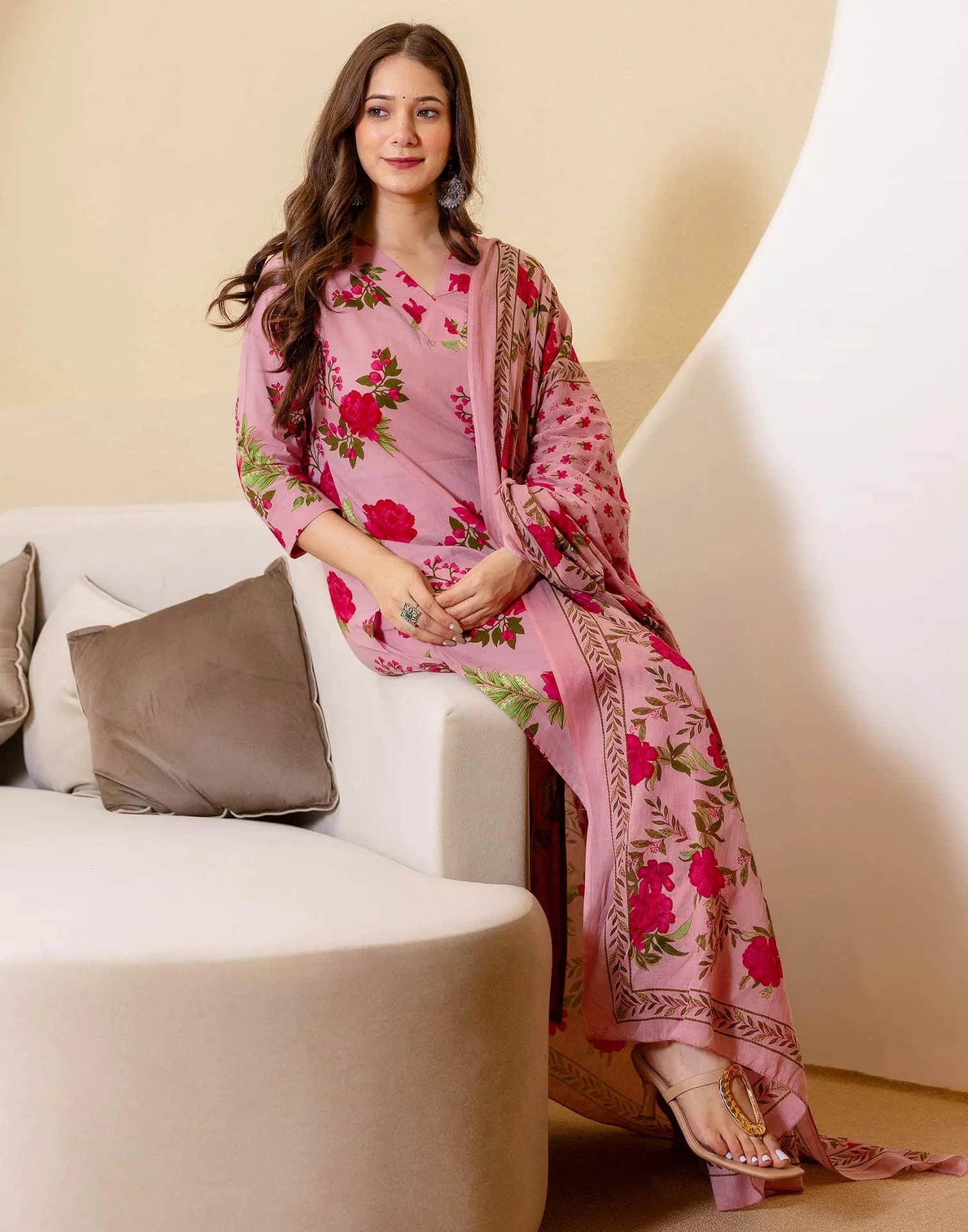 Cotton Floral Printed Straight Kurta with Pant and Dupatta for Women