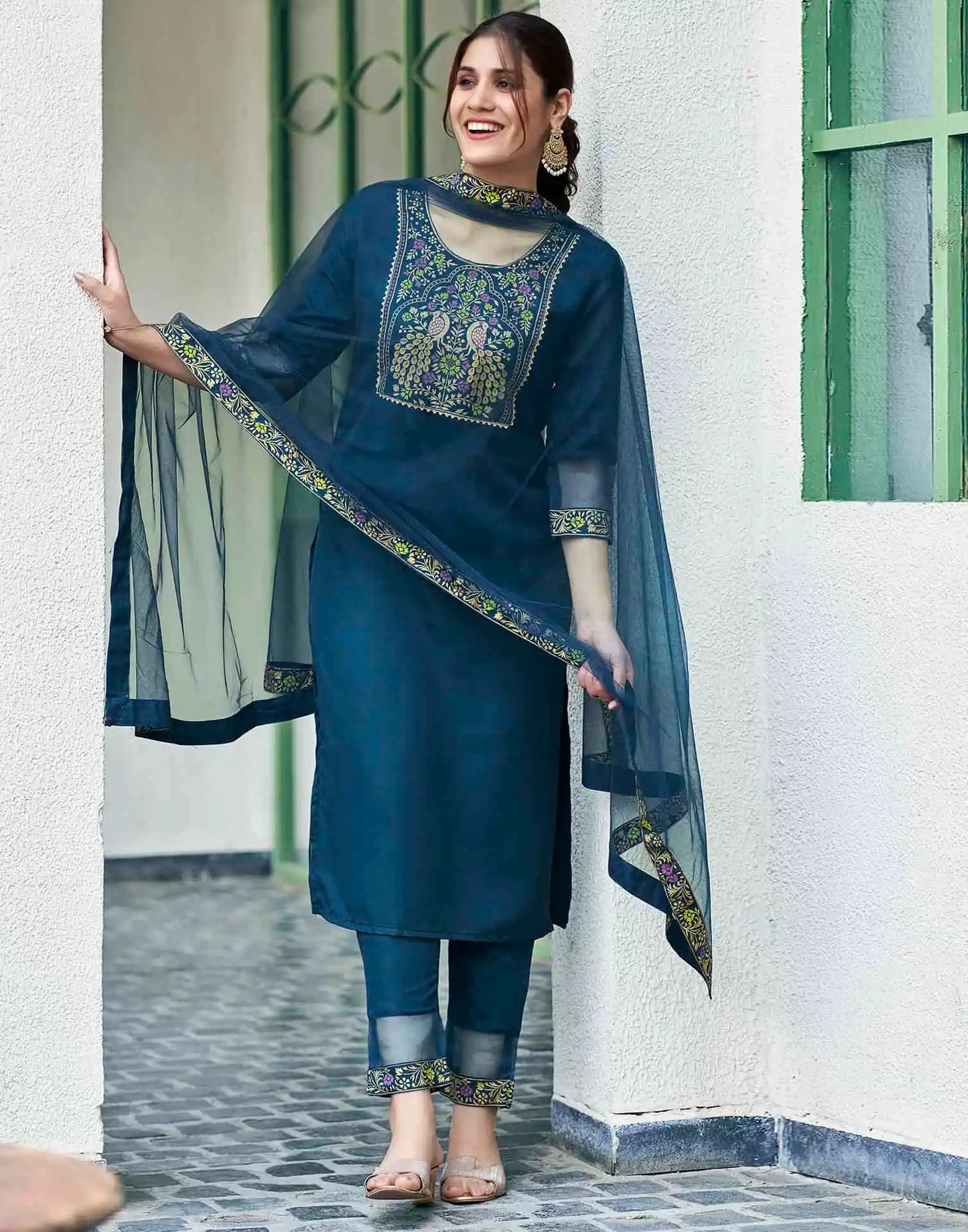 Cotton Blend Foil Printed and Gota Lace Straight Kurta with Pant & Dupatta