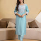 Blue Silk Blend Embroidered Straight Kurta with Pant & Dupatta