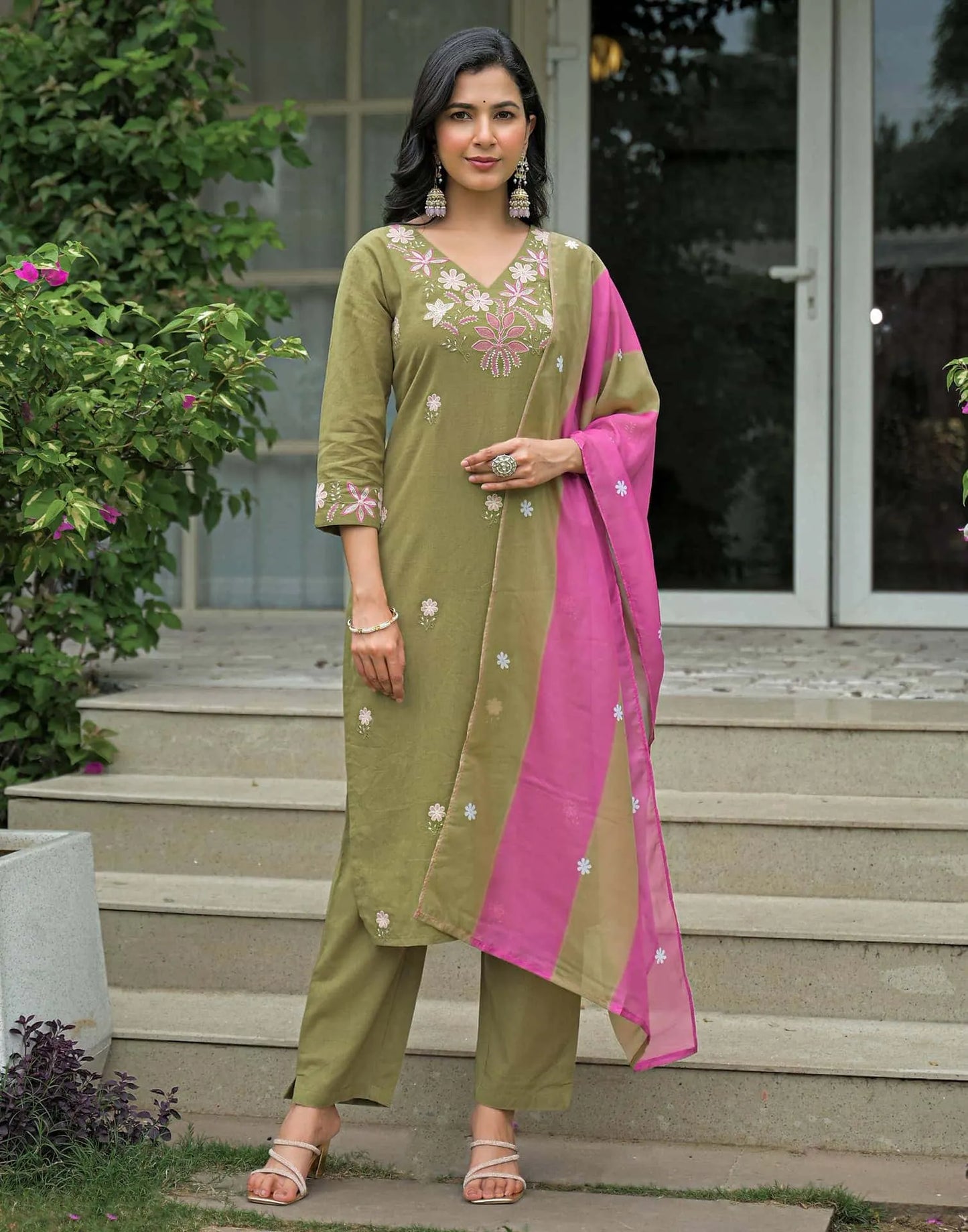 Cotton Embroidered Straight Kurta with Pant & Dupatta