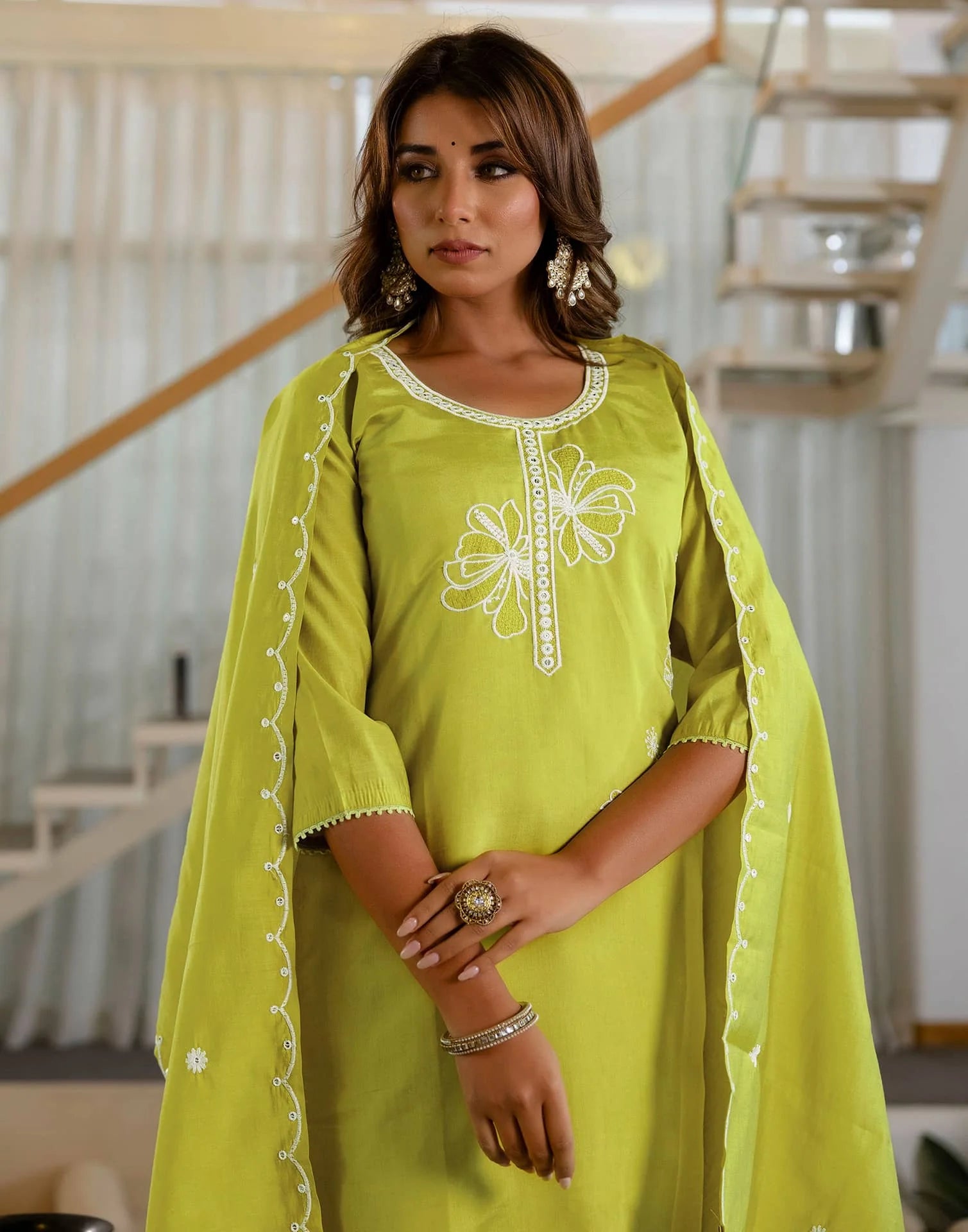 Skylee Silk Blend Embroidered Straight 3 Piece Kurta Set For Woman