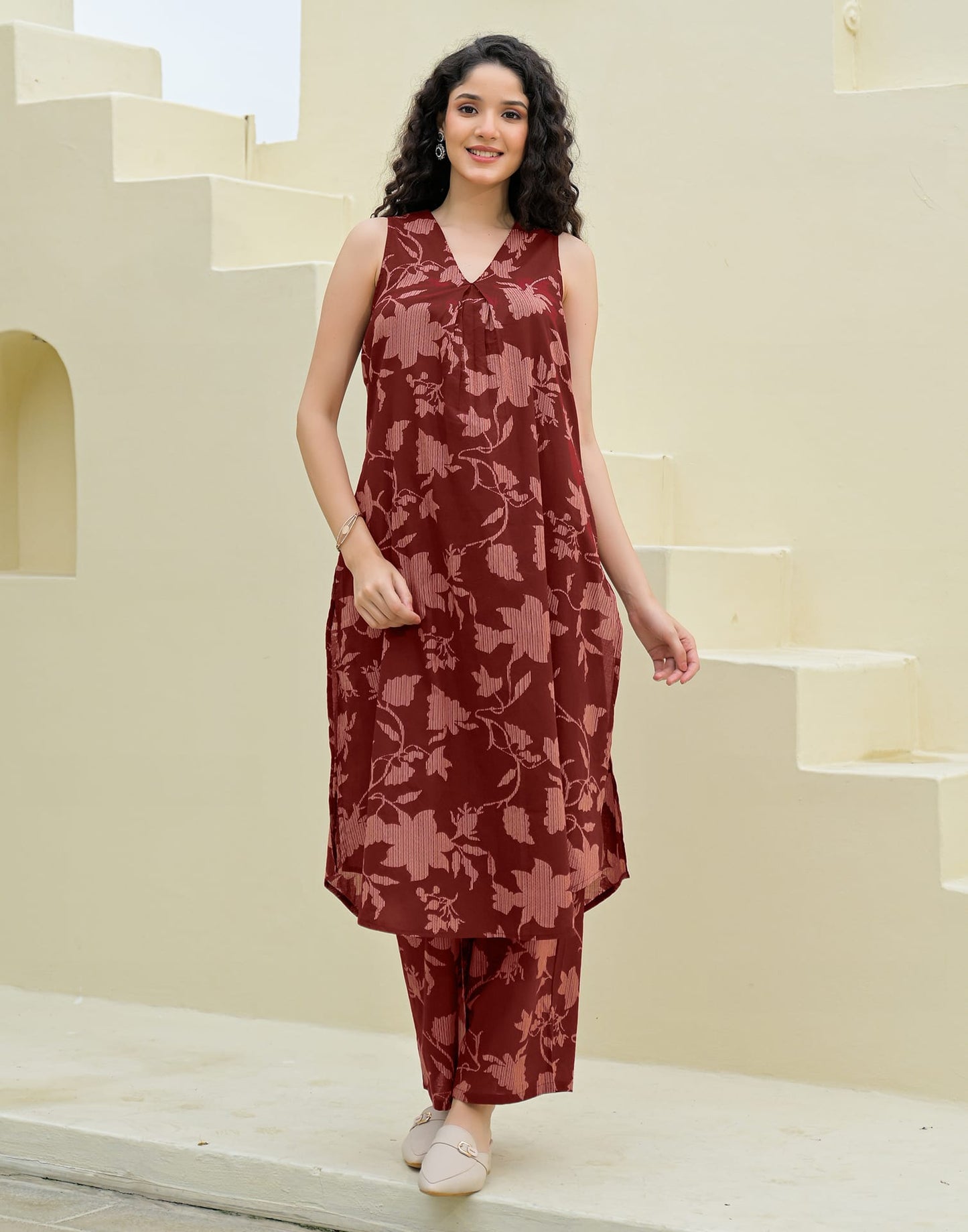 Cotton Printed V-Neck Co-ord Set