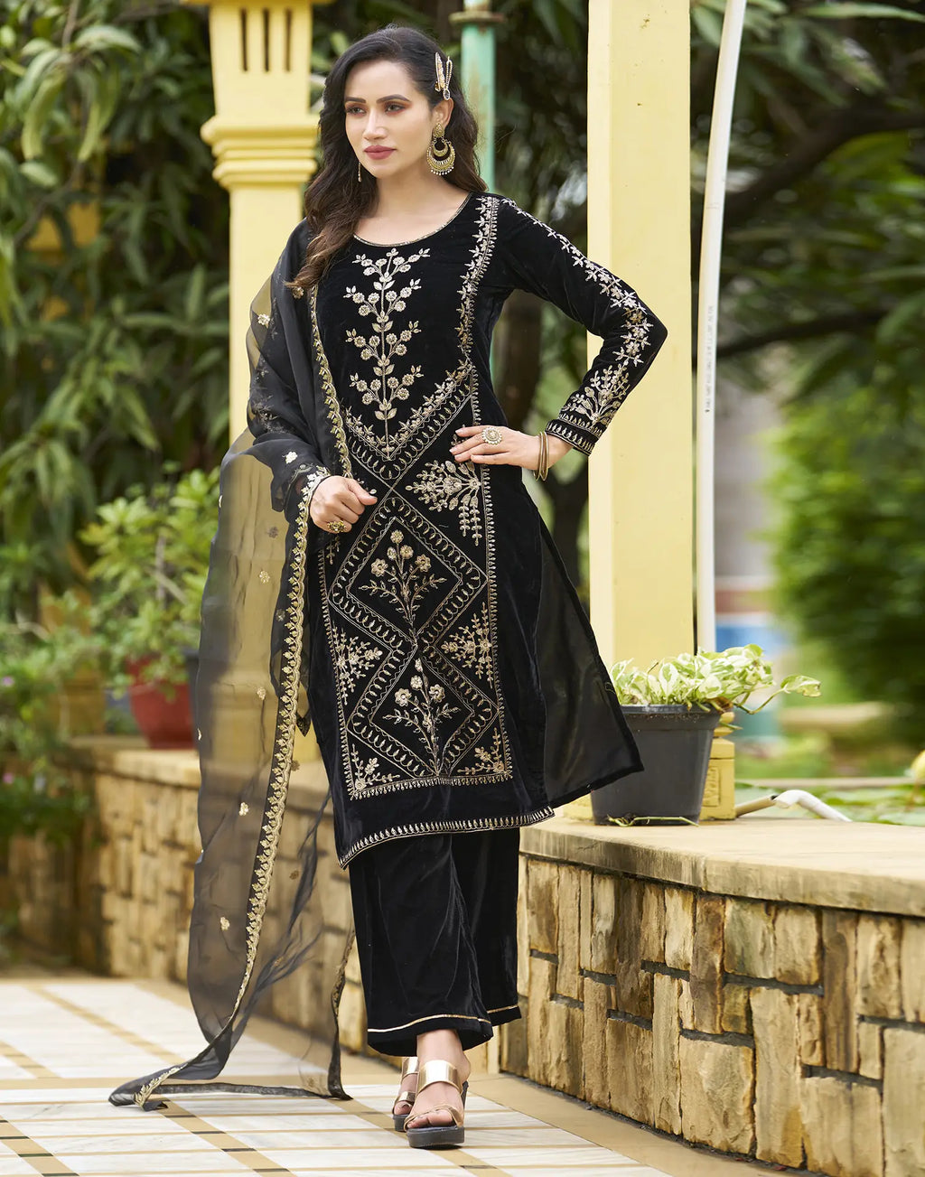 Velvet Embroidered Straight 3 Piece Kurta Set