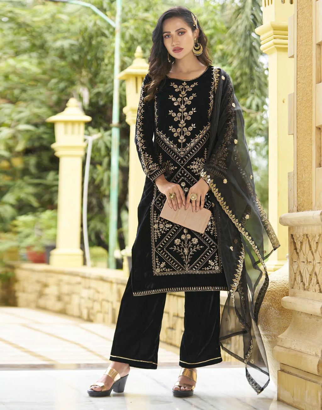 Velvet Embroidered Straight 3 Piece Kurta Set