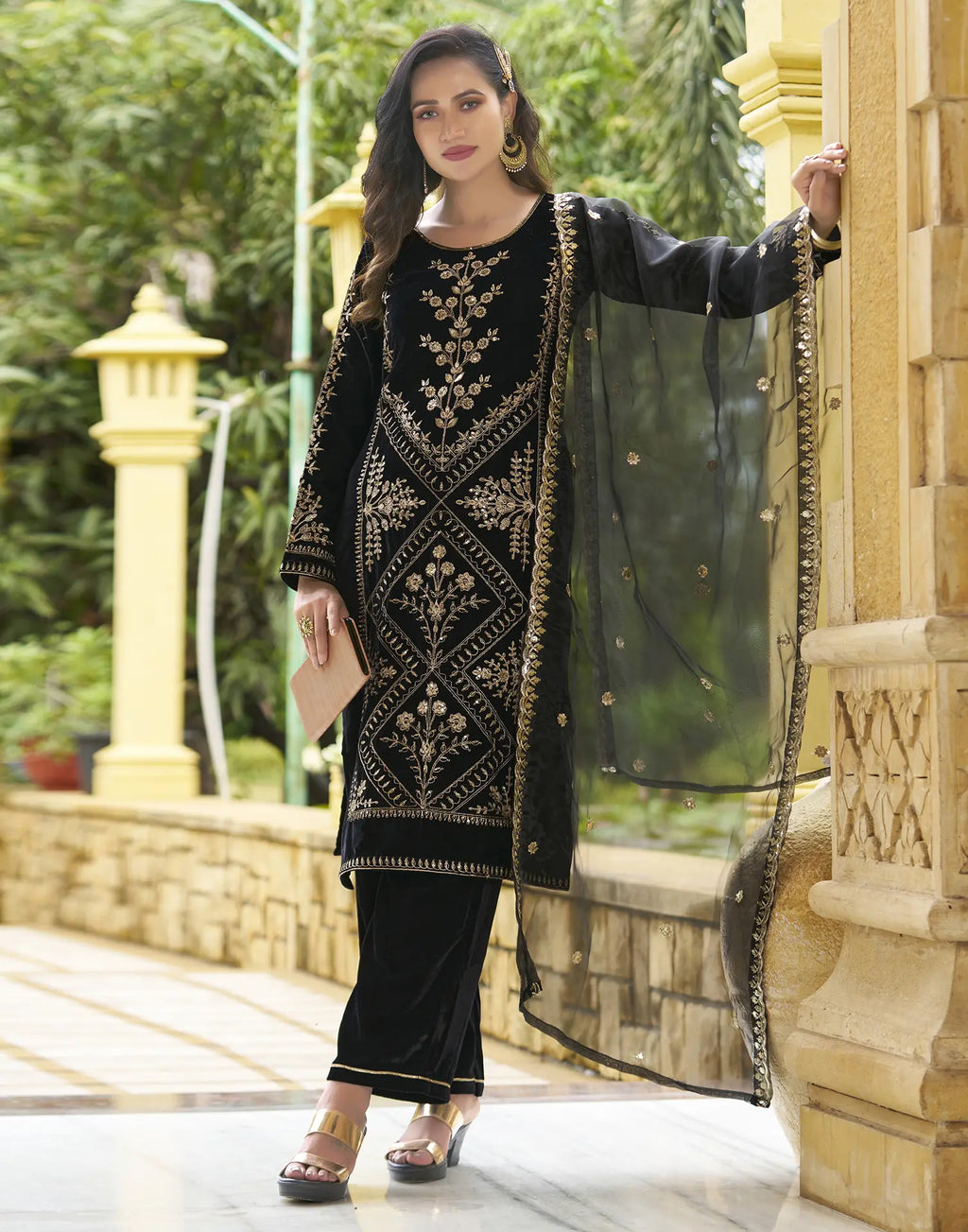 Velvet Embroidered Straight 3 Piece Kurta Set