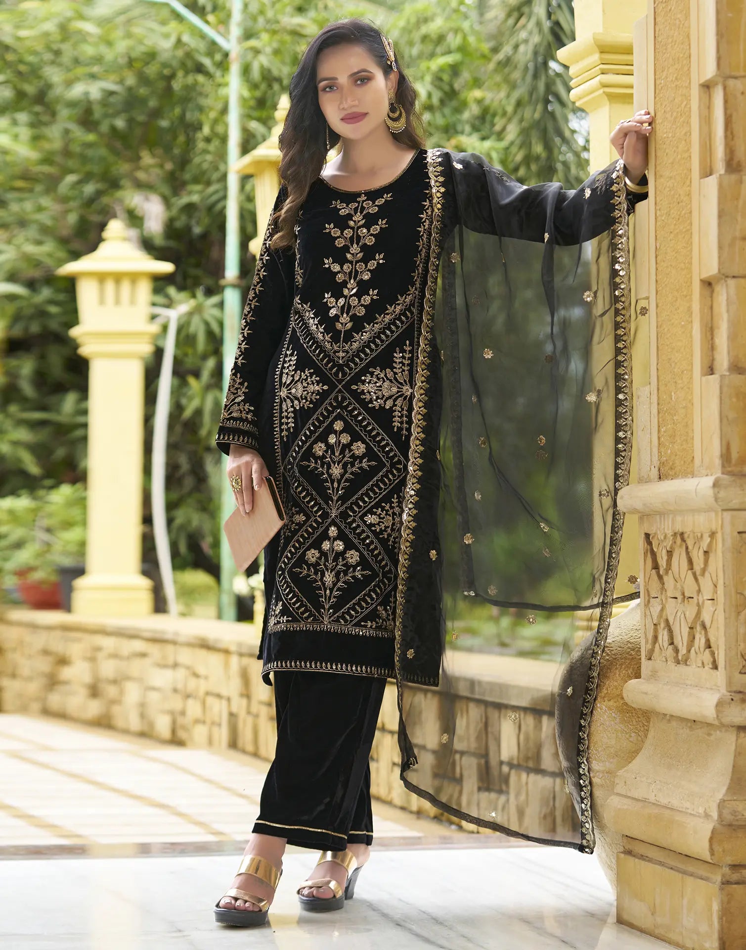 Velvet Embroidered Straight 3 Piece Kurta Set