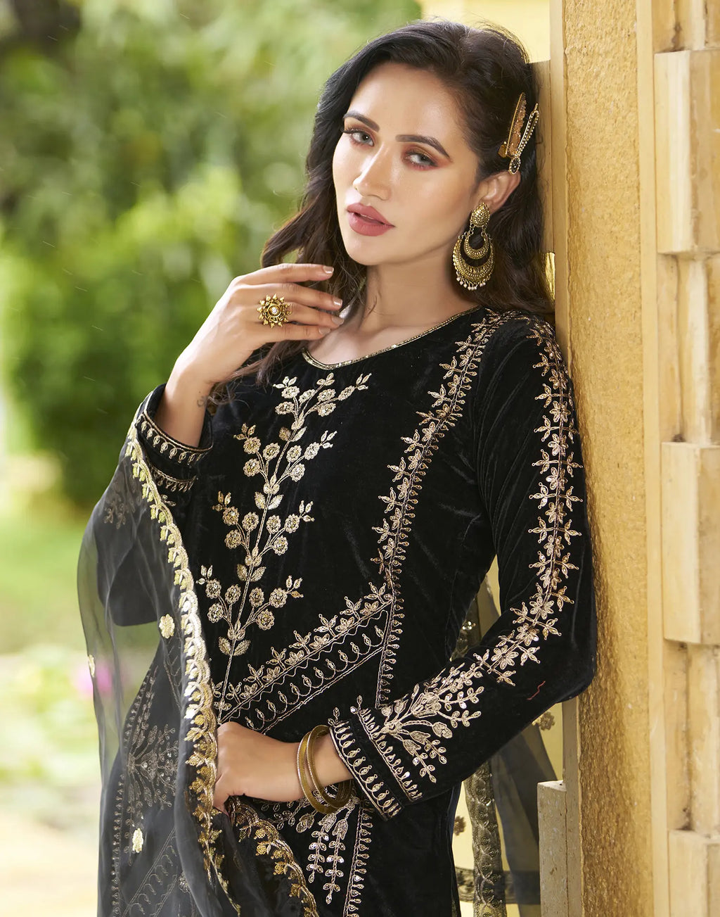 Velvet Embroidered Straight 3 Piece Kurta Set