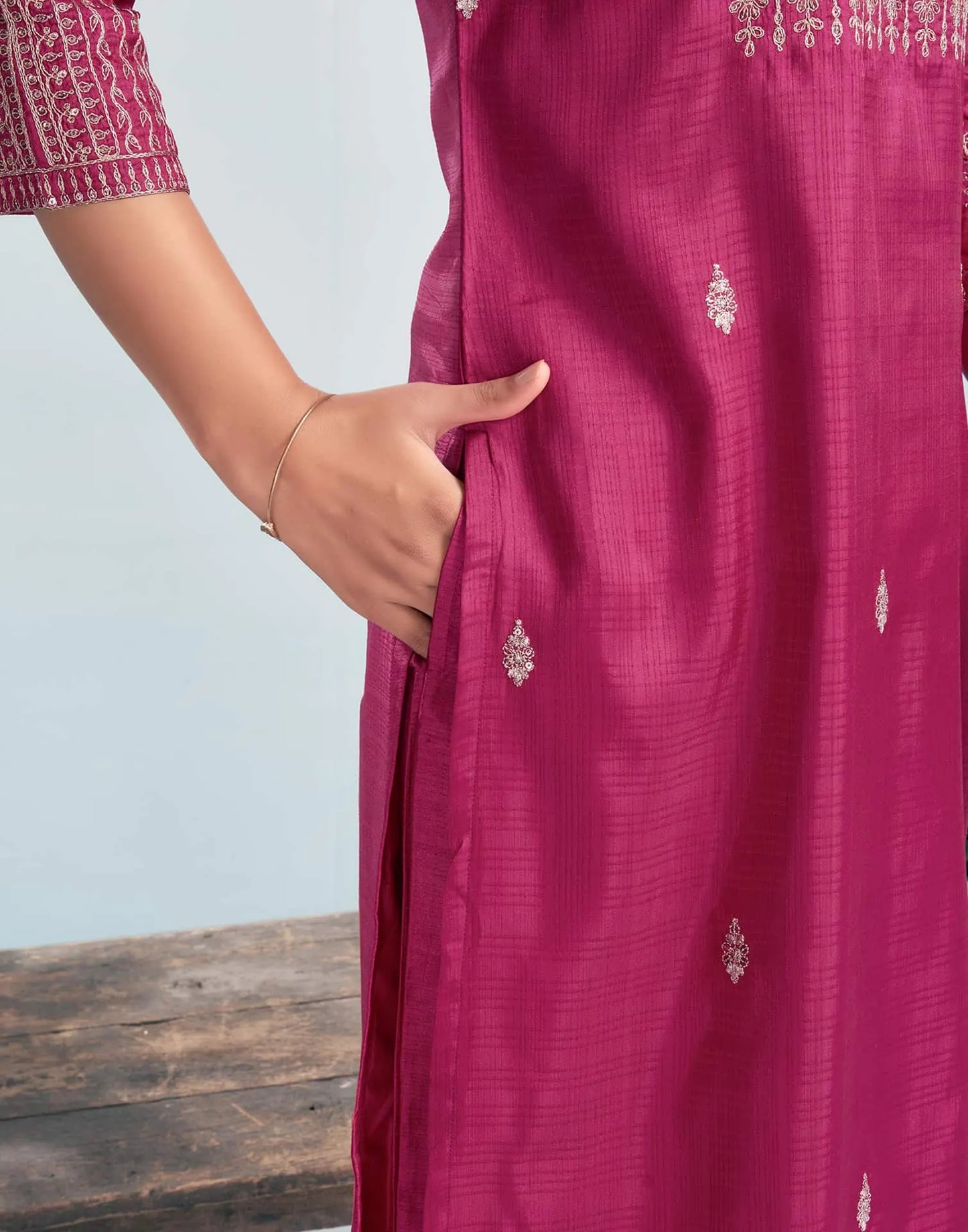 Silk Blend Embroidered Straight Kurta with Pant & Dupatta