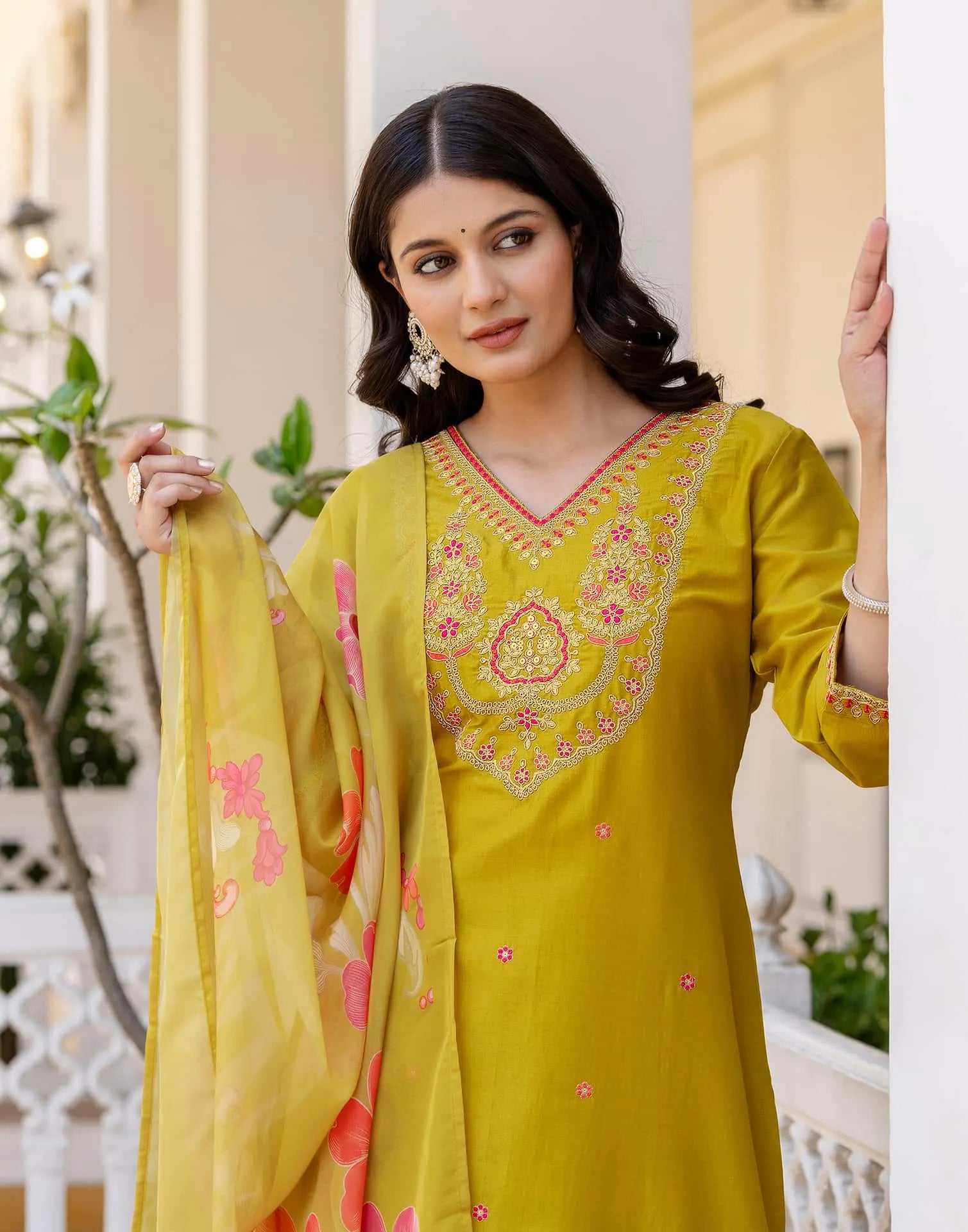Silk Blend Straight Embroidery V-Neck Kurta with Pant & Dupatta