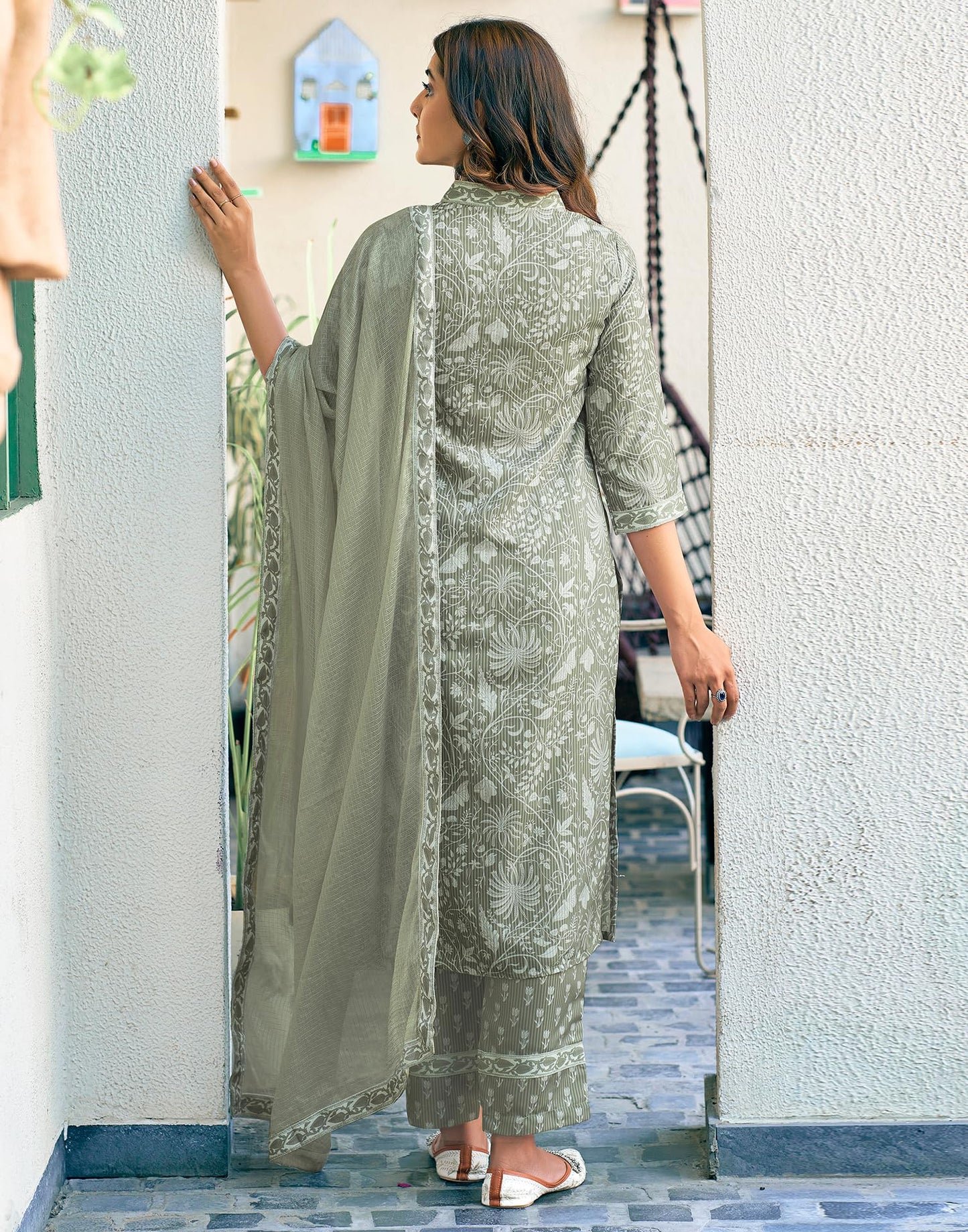 Rayon Floral Printed Straight Kurta Set with Pant and Dupatta in Tea Green