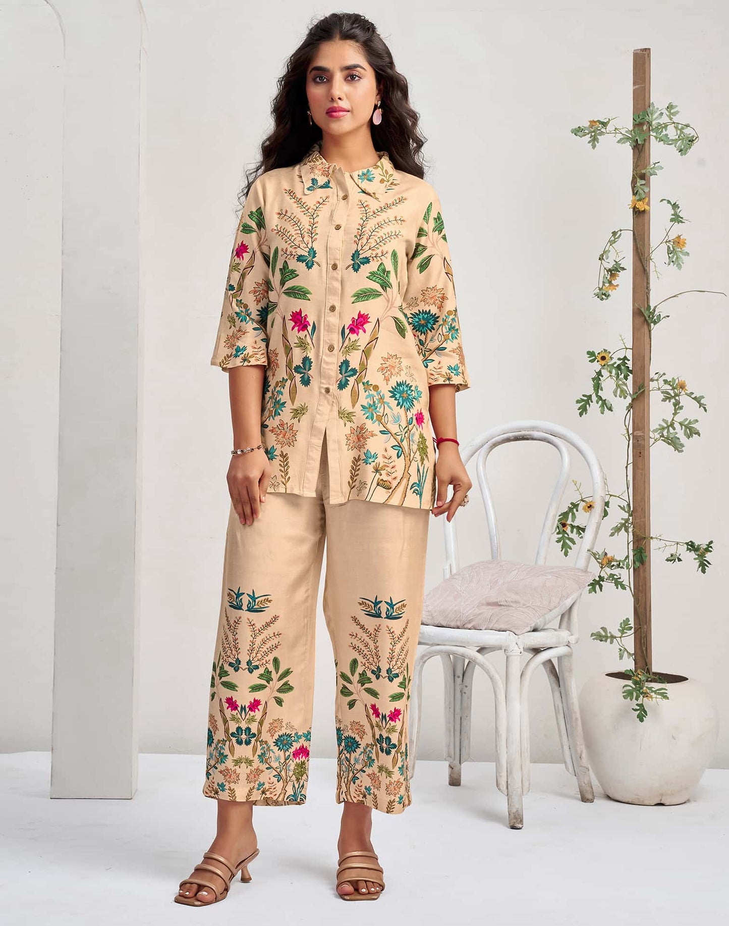 Silk Blend Printed Mandarin Collar Co-ord Set
