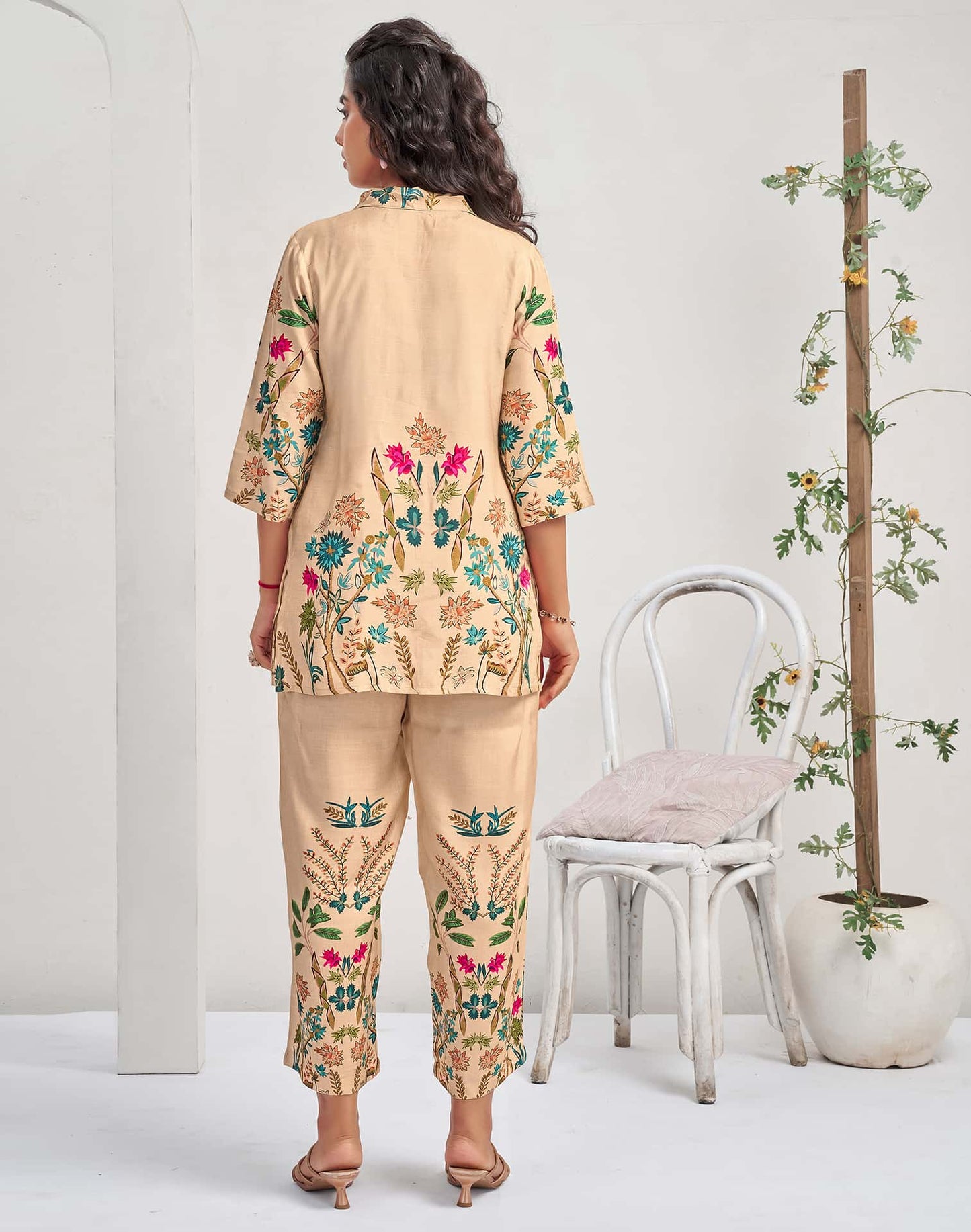 Silk Blend Printed Mandarin Collar Co-ord Set