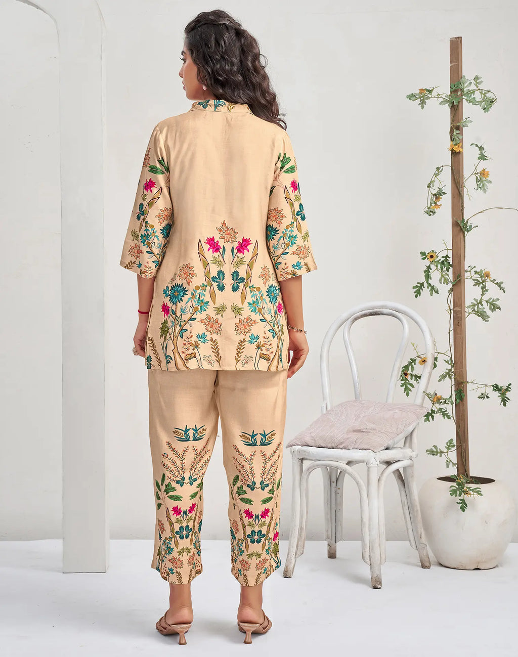 Silk Blend Printed Mandarin Collar Co-ord Set