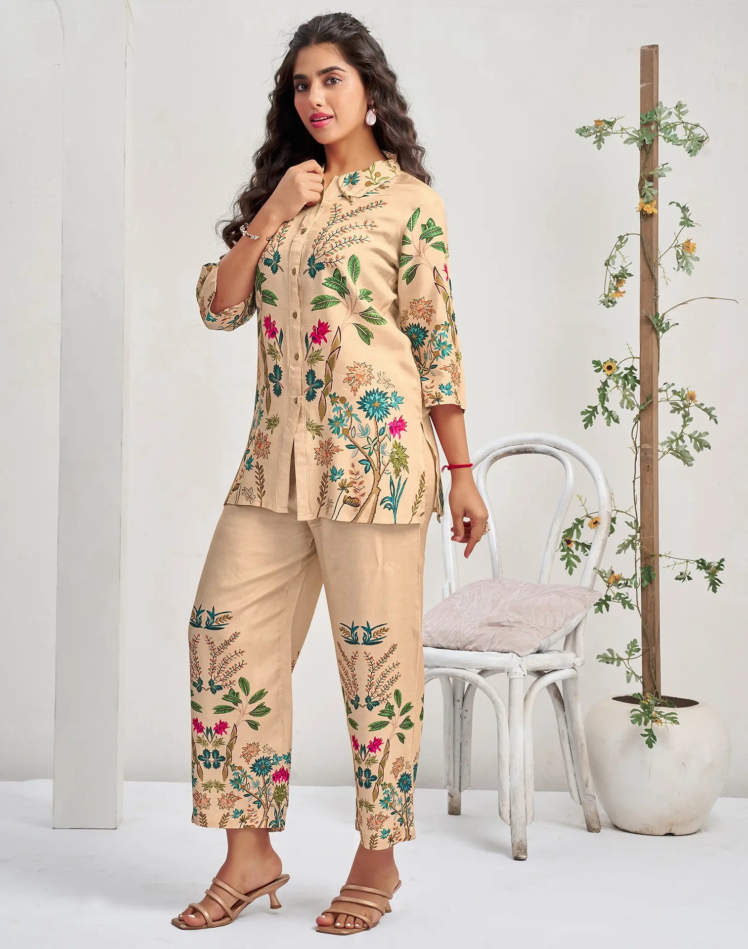 Silk Blend Printed Mandarin Collar Co-ord Set