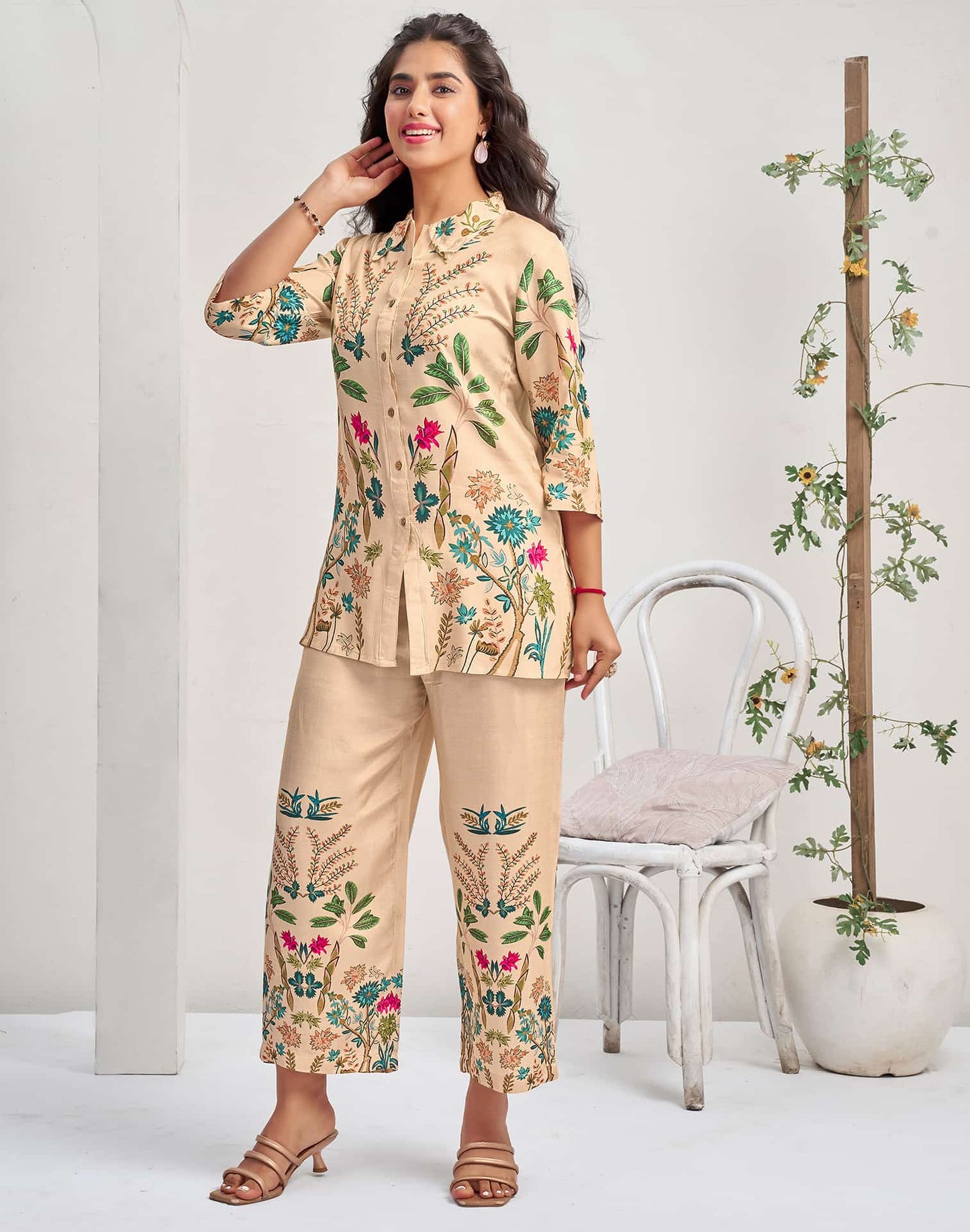 Silk Blend Printed Mandarin Collar Co-ord Set