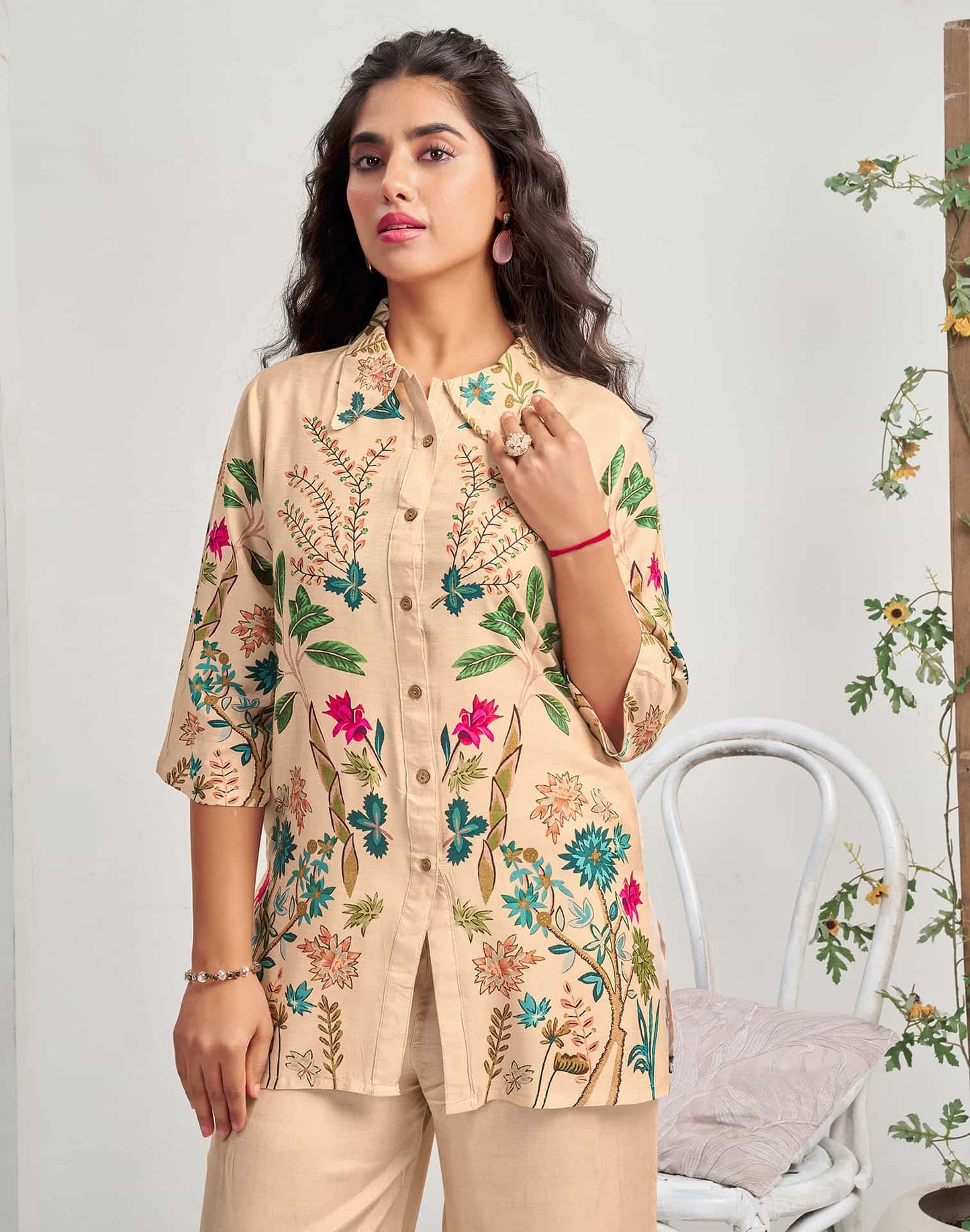 Silk Blend Printed Mandarin Collar Co-ord Set