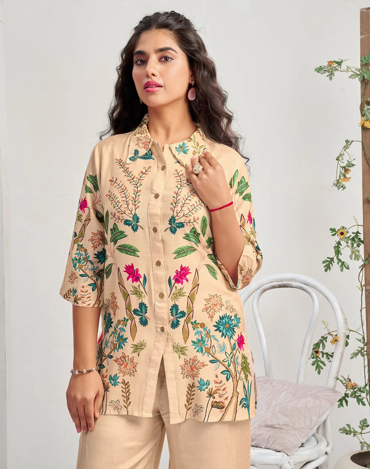 Silk Blend Printed Mandarin Collar Co-ord Set