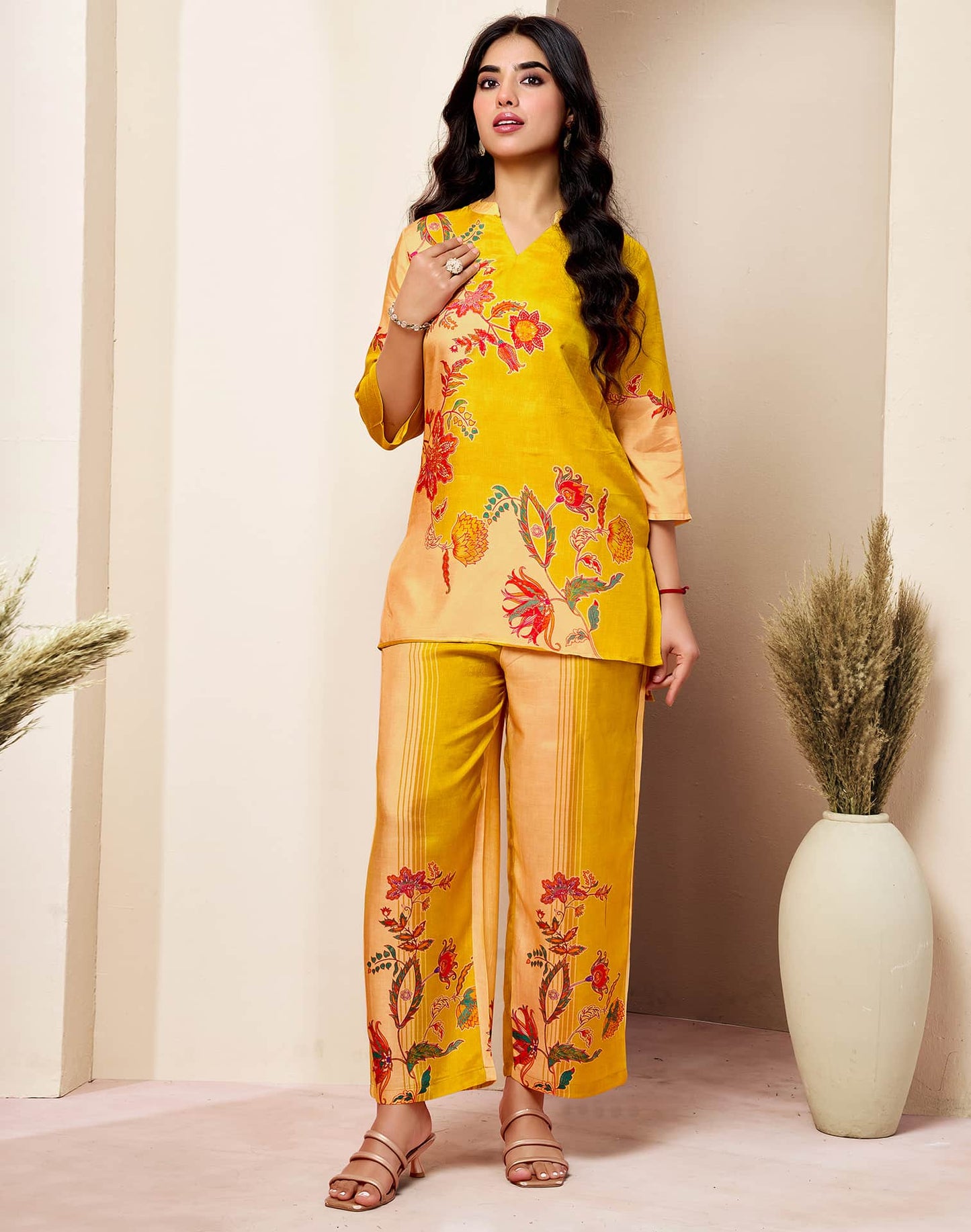 Silk Blend Printed V-Neck Co-ord Set