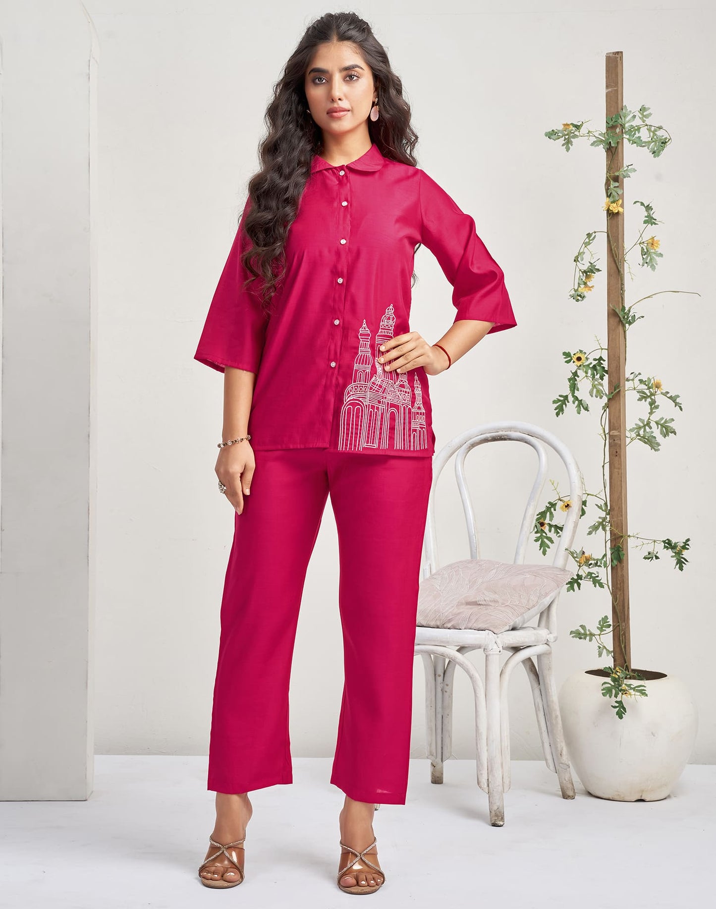 Silk Blend Plain Collared Neck Co-ord Set