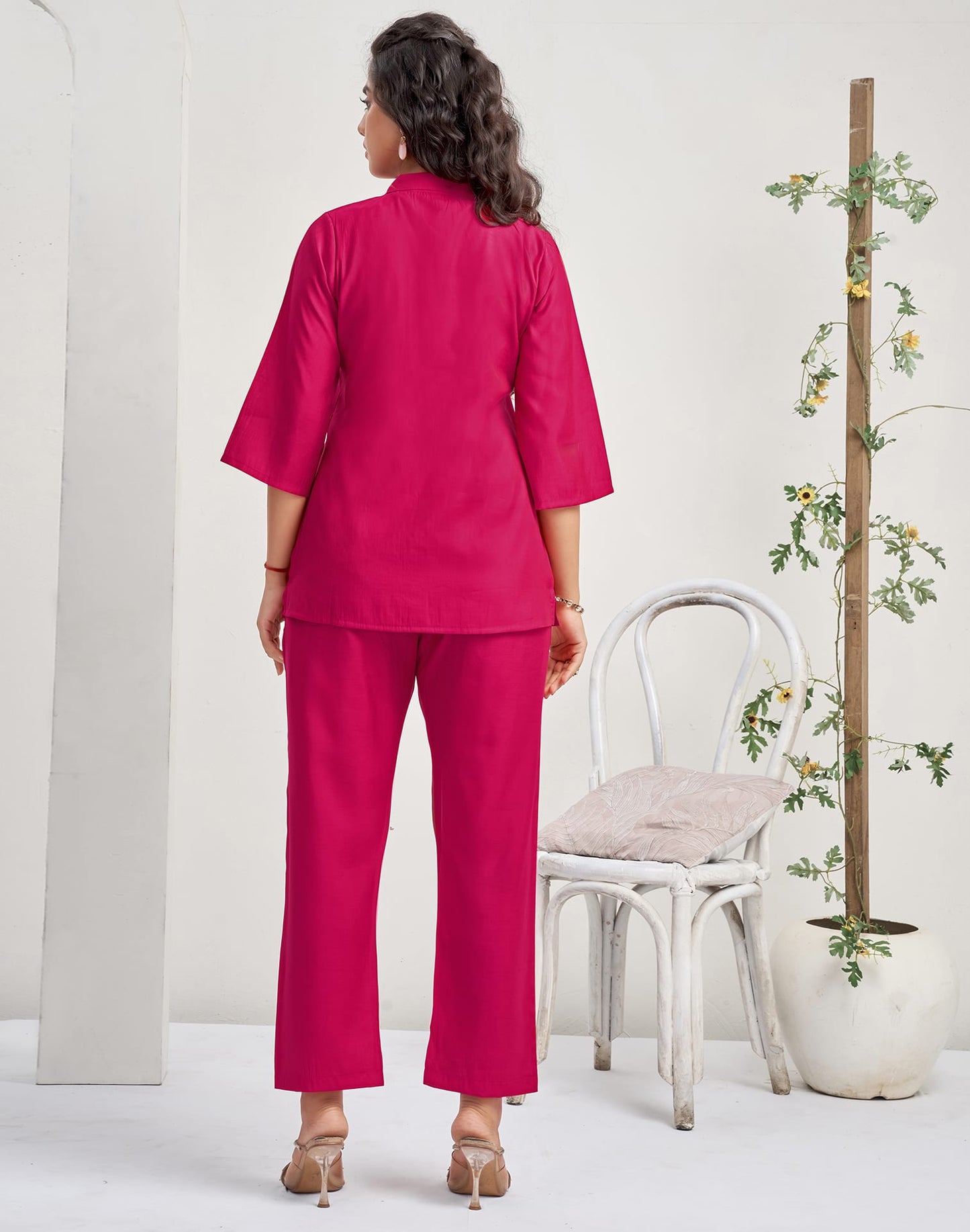 Silk Blend Plain Collared Neck Co-ord Set