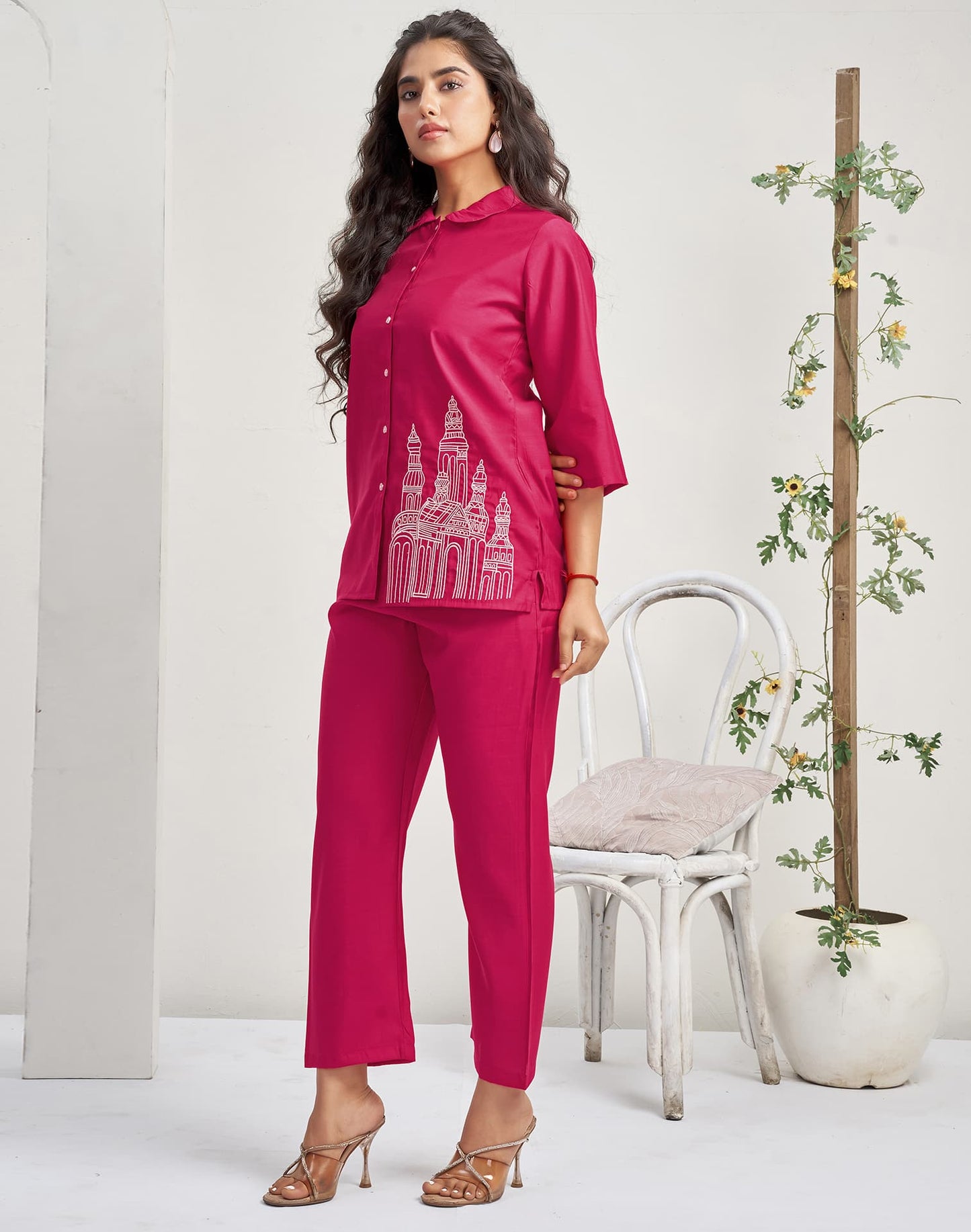 Silk Blend Plain Collared Neck Co-ord Set