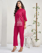 Silk Blend Plain Collared Neck Co-ord Set