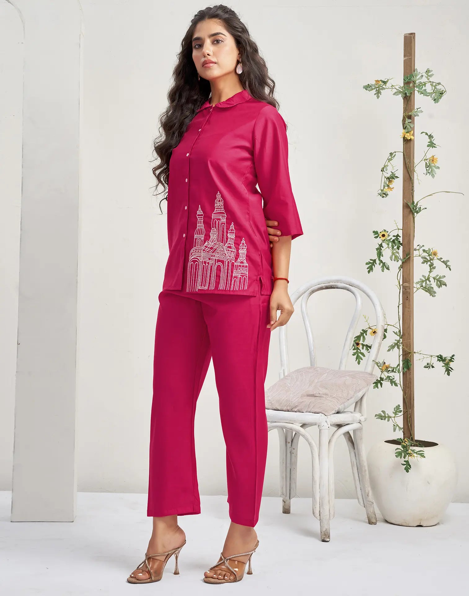 Silk Blend Plain Collared Neck Co-ord Set
