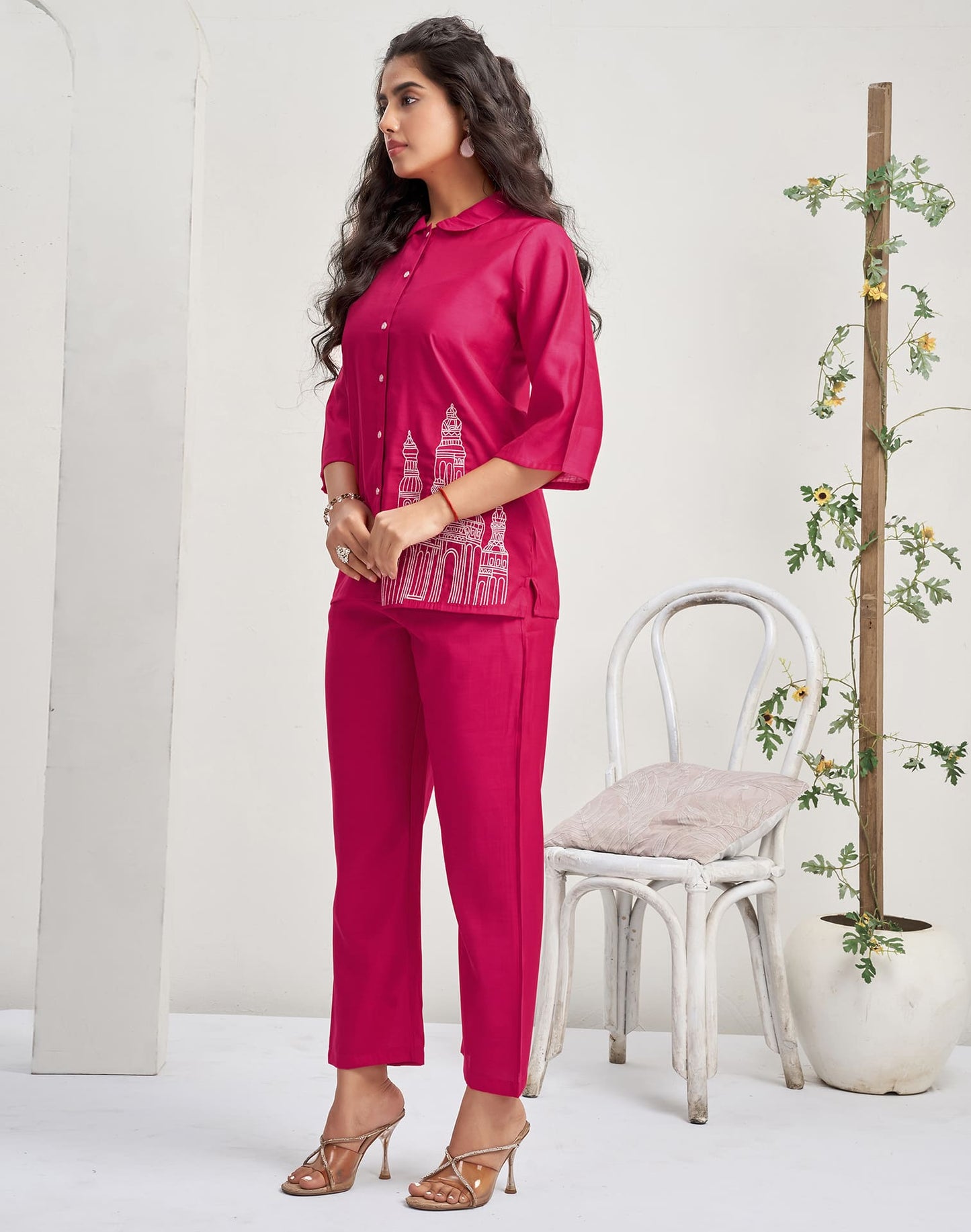 Silk Blend Plain Collared Neck Co-ord Set