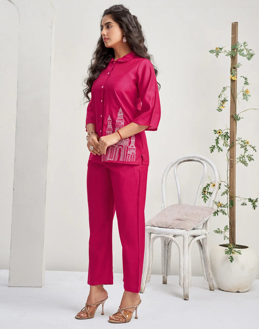 Silk Blend Plain Collared Neck Co-ord Set