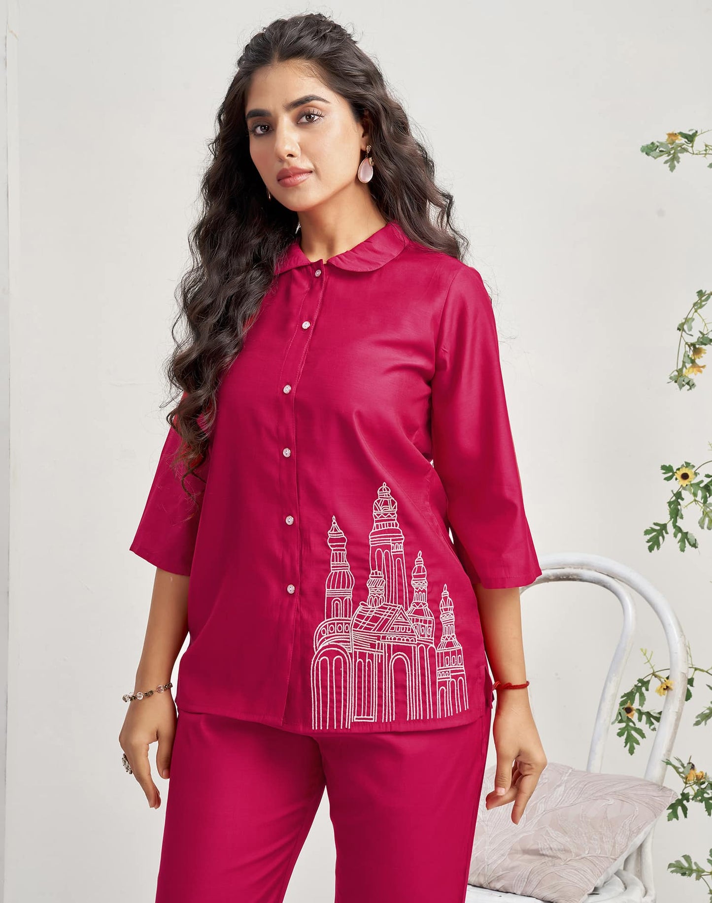 Silk Blend Plain Collared Neck Co-ord Set