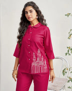 Silk Blend Plain Collared Neck Co-ord Set