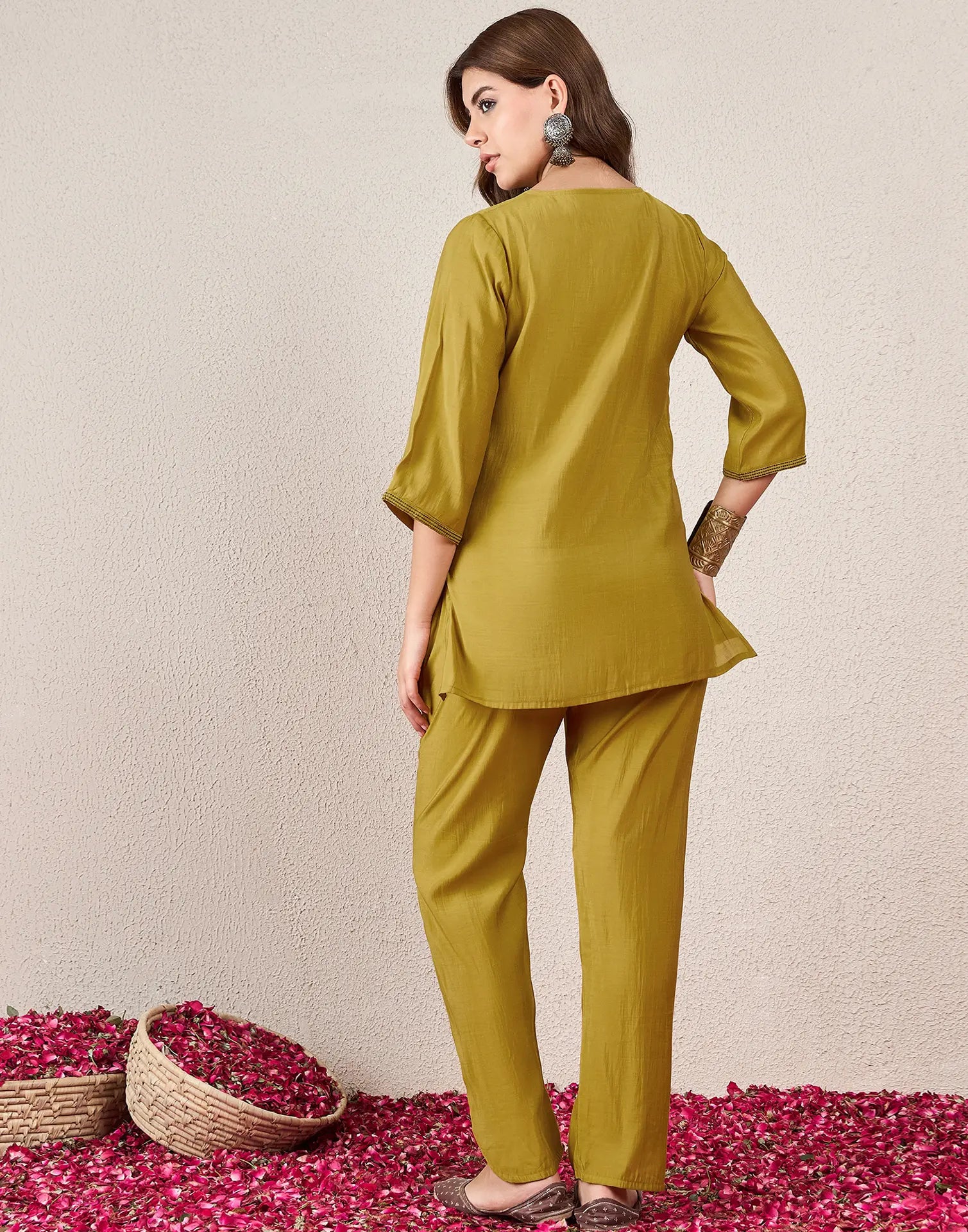 Silk Straight Embroidery V-Neck Co-ord Set