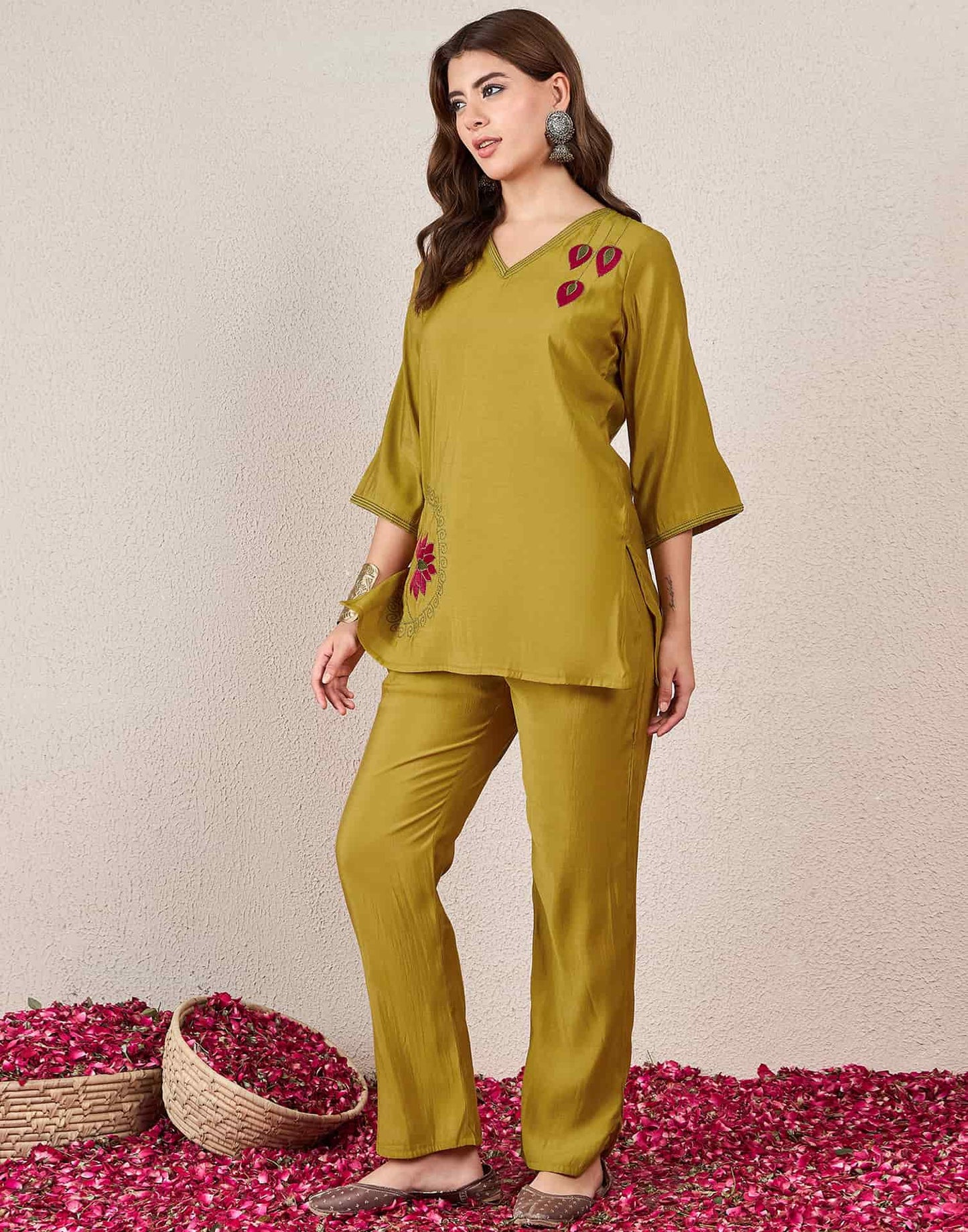 Silk Straight Embroidery V-Neck Co-ord Set