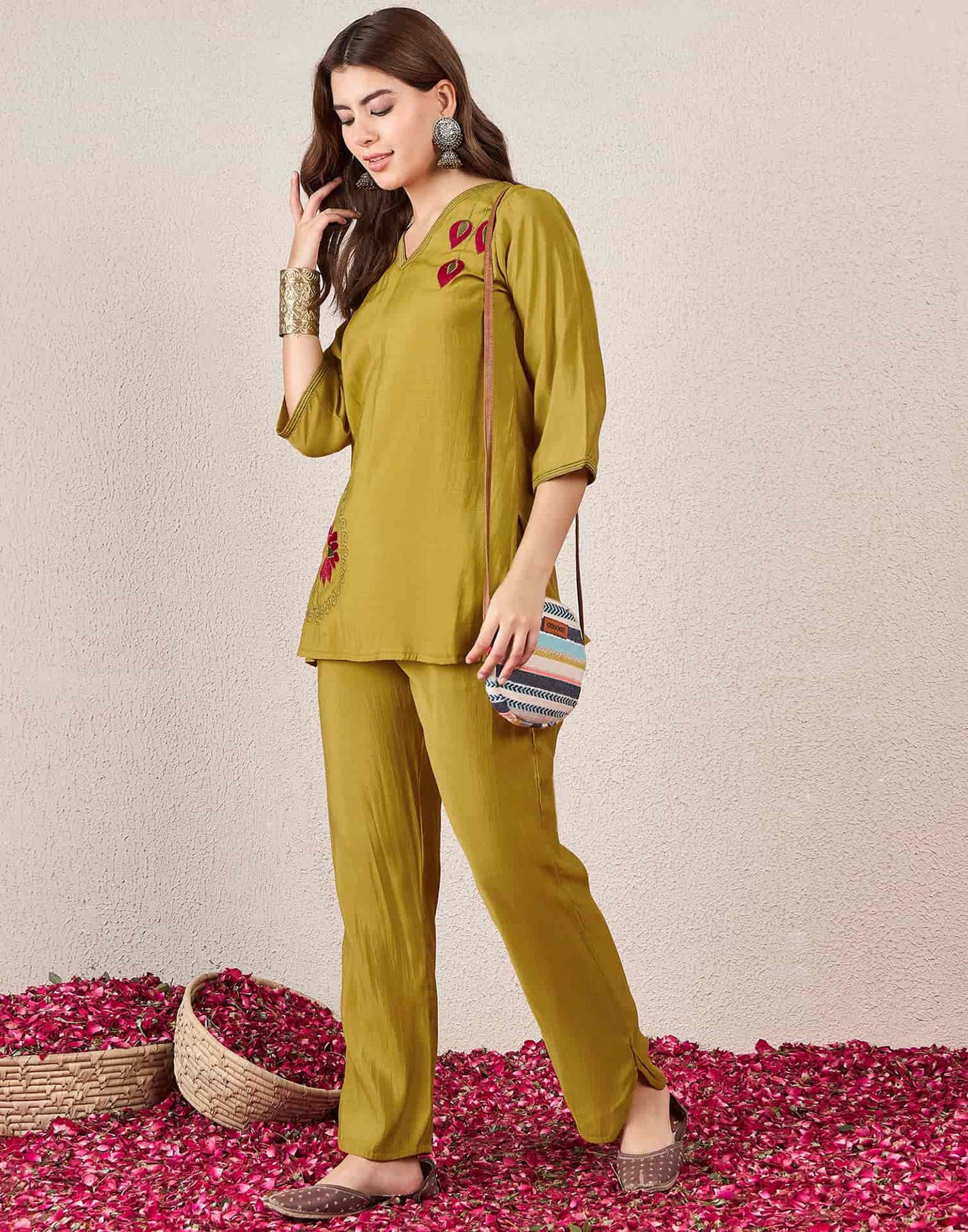 Silk Straight Embroidery V-Neck Co-ord Set