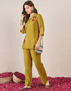 Silk Straight Embroidery V-Neck Co-ord Set