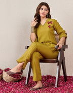 Silk Straight Embroidery V-Neck Co-ord Set