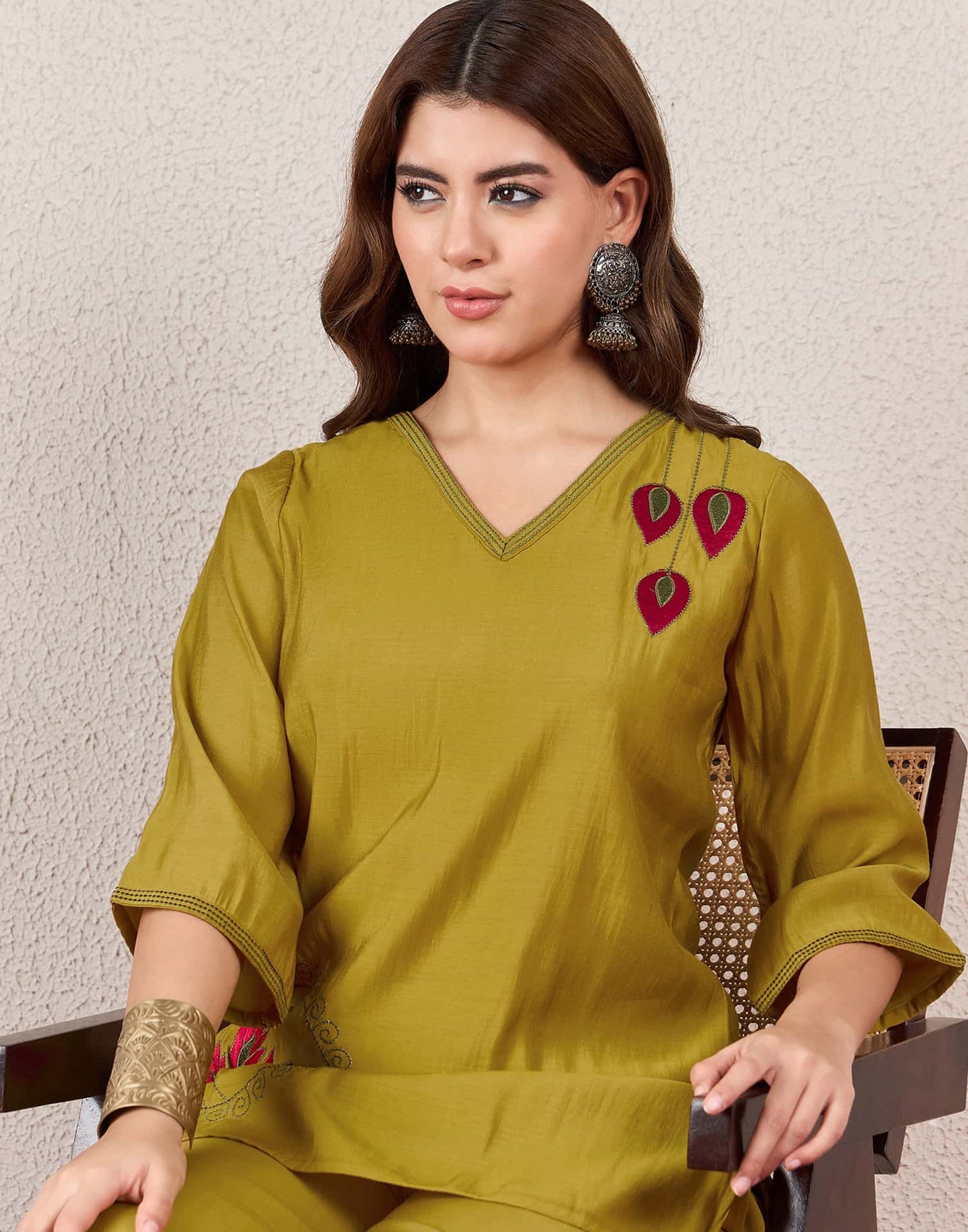 Silk Straight Embroidery V-Neck Co-ord Set