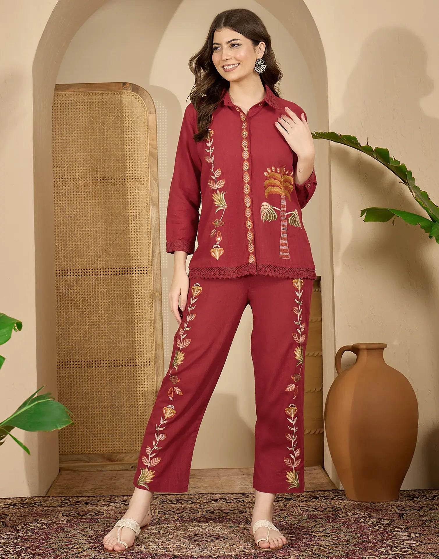 Skylee Cotton Embroidered Spread Neck Co-ord Set For Woman