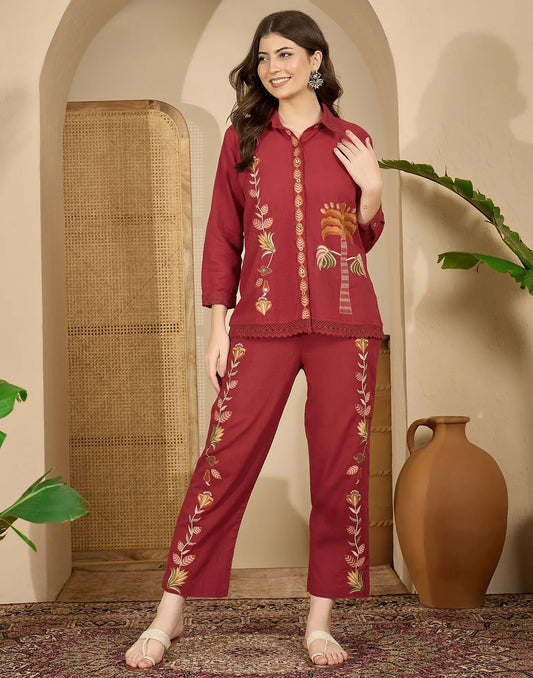 Cotton Embroidered Spread Neck Co-ord Set